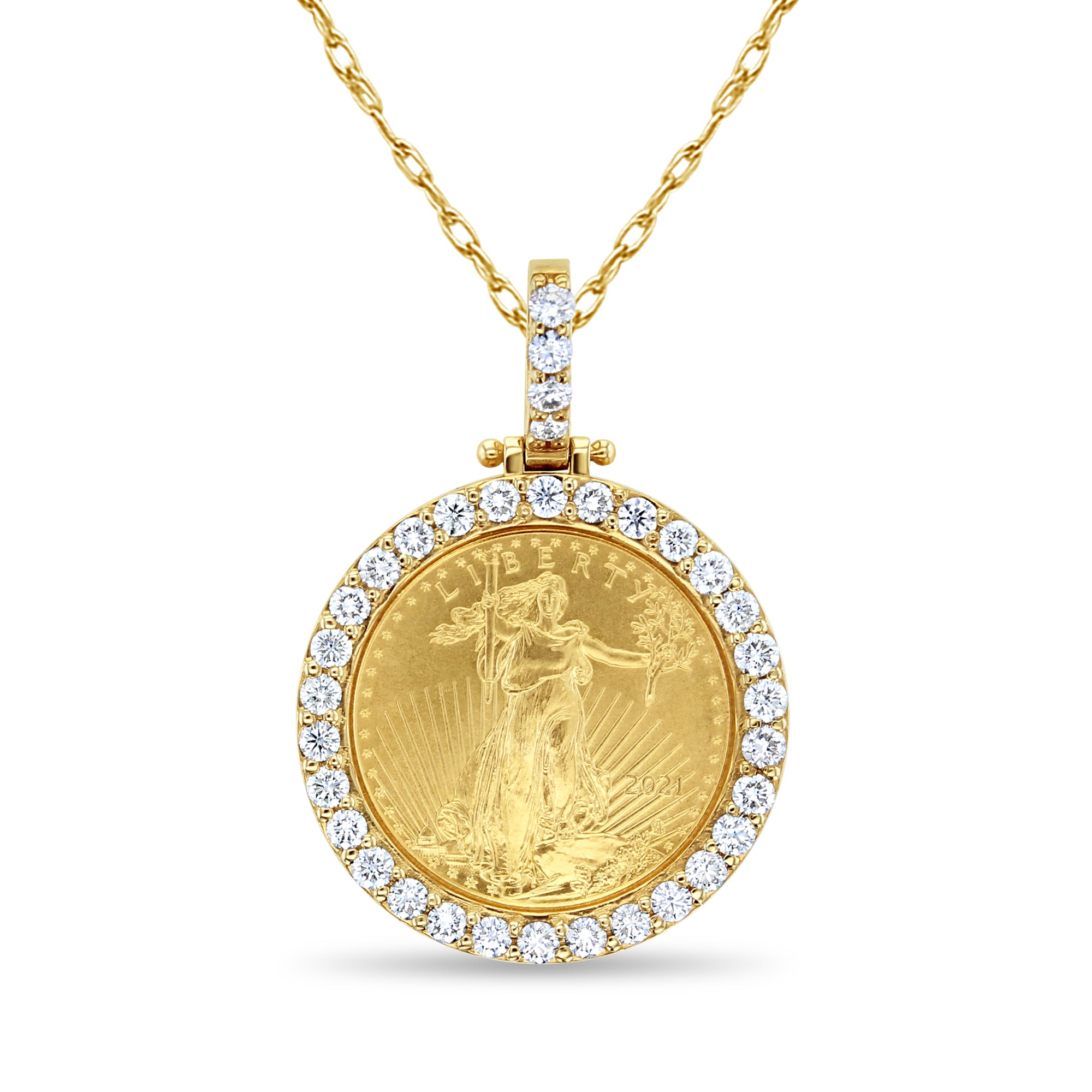 1/4OZ Lady Liberty Diamond Halo Necklace