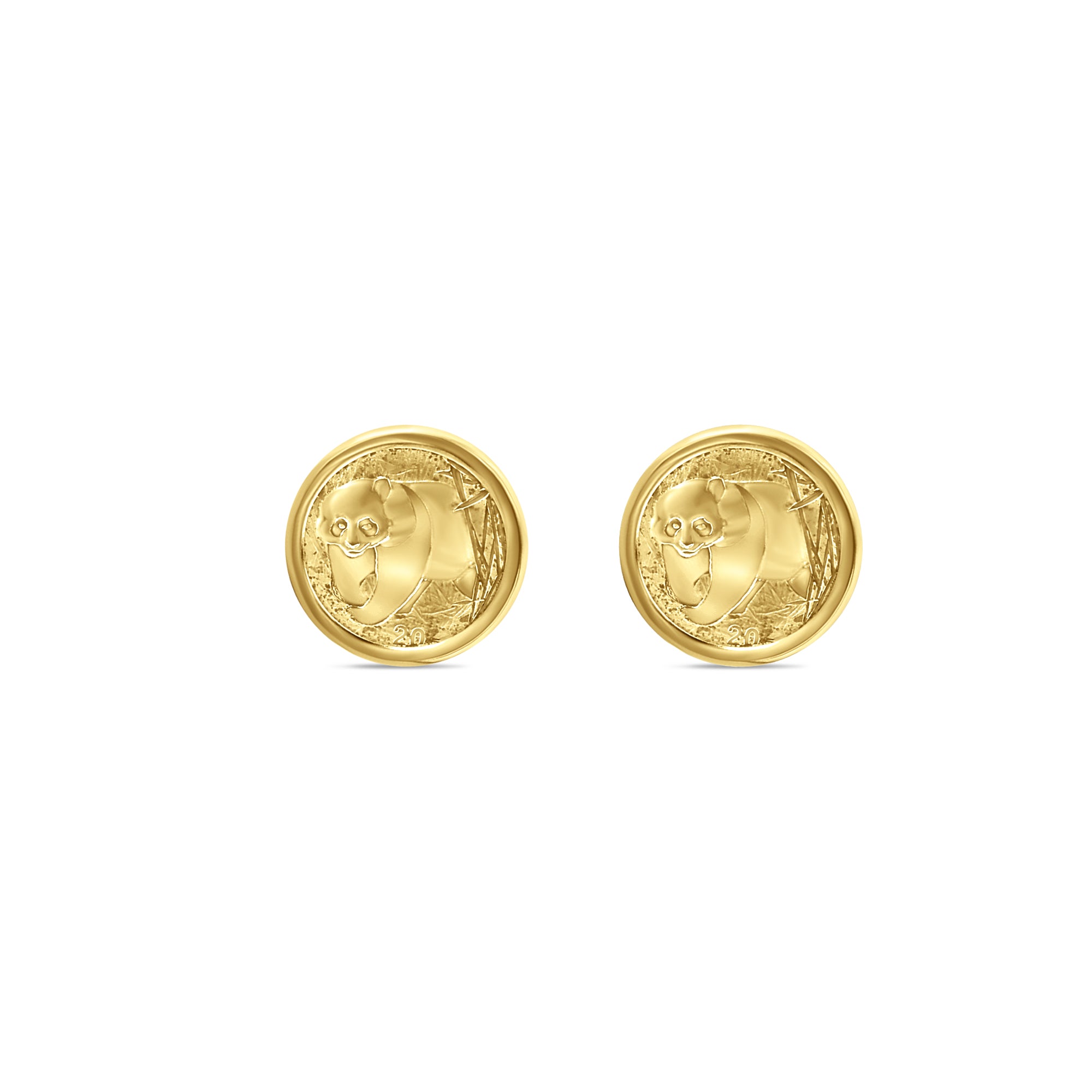 Gemelos con moneda de panda de 1/20 oz con marco de bisel pulido de oro amarillo de 14 k