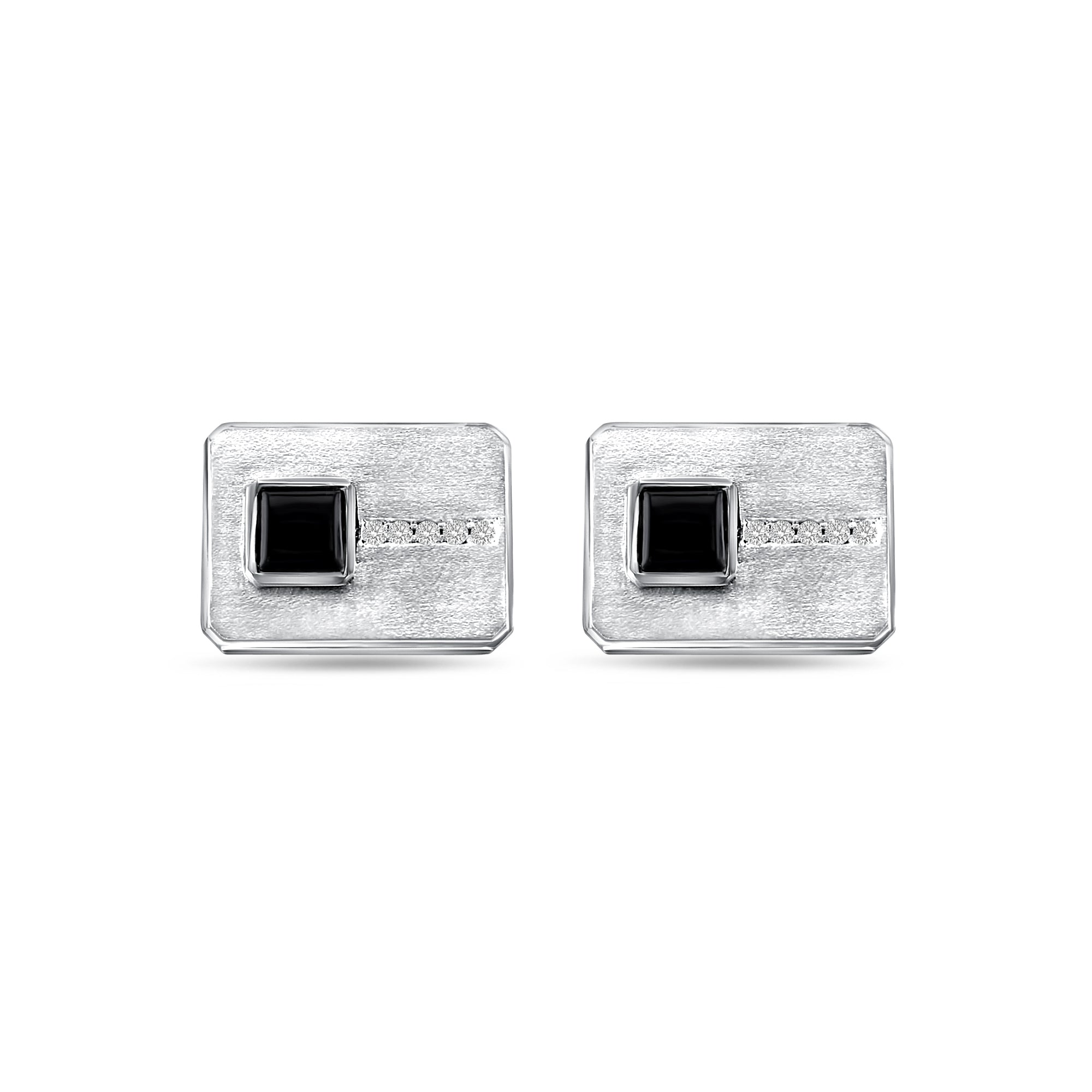 Boutons de manchette en or blanc 14 carats avec diamants et onyx de forme rectangulaire