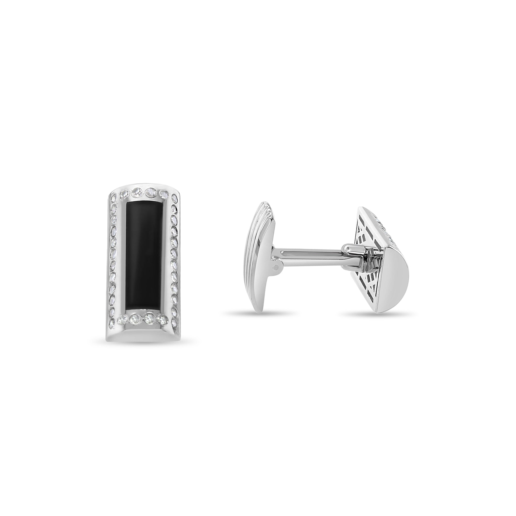 Boutons de manchette rectangulaires en onyx et diamants en or blanc 14 carats