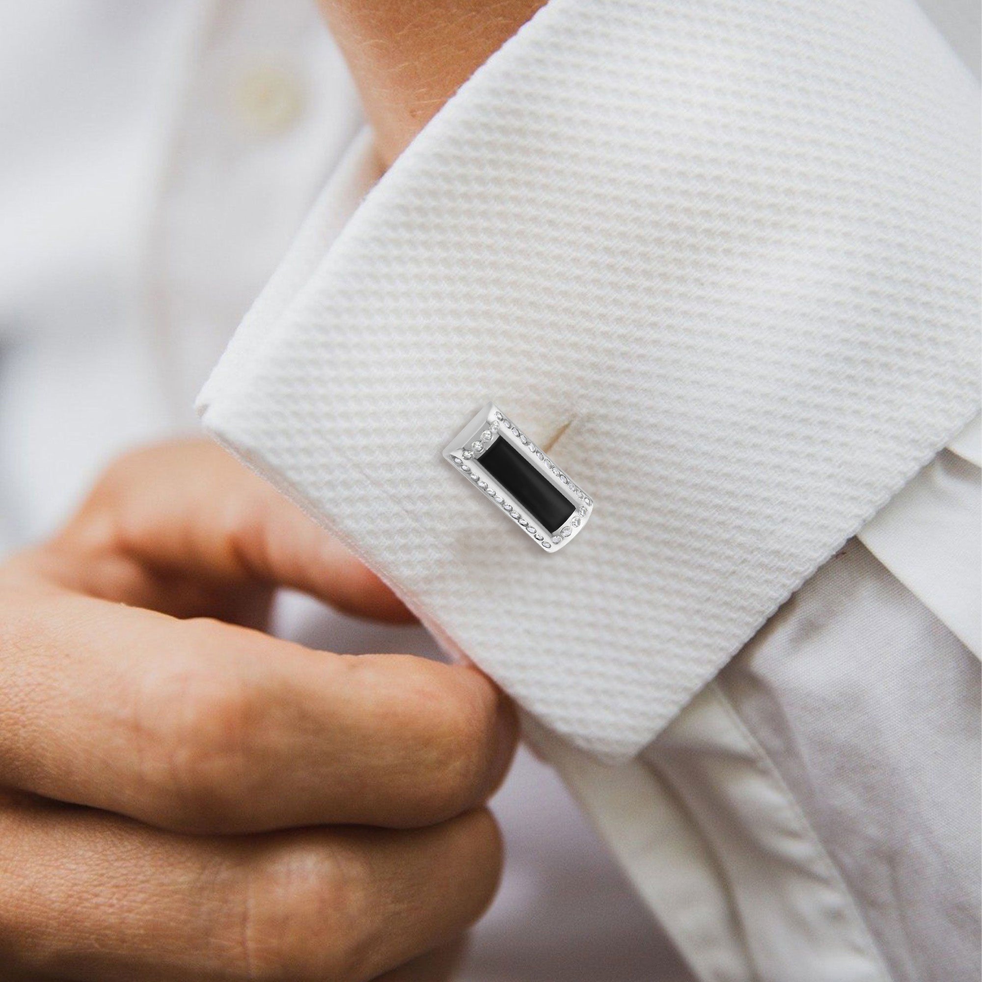 Rectangular Onyx & Diamond Cuff Links 14k White Gold