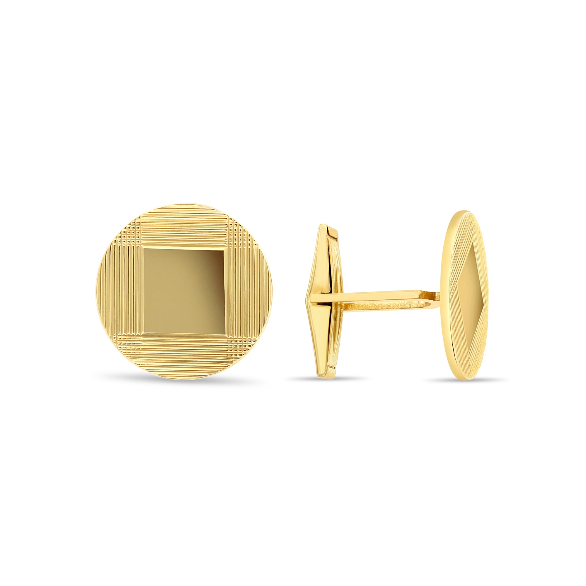 14k Gold Round Cuff Links with Polished Square Design