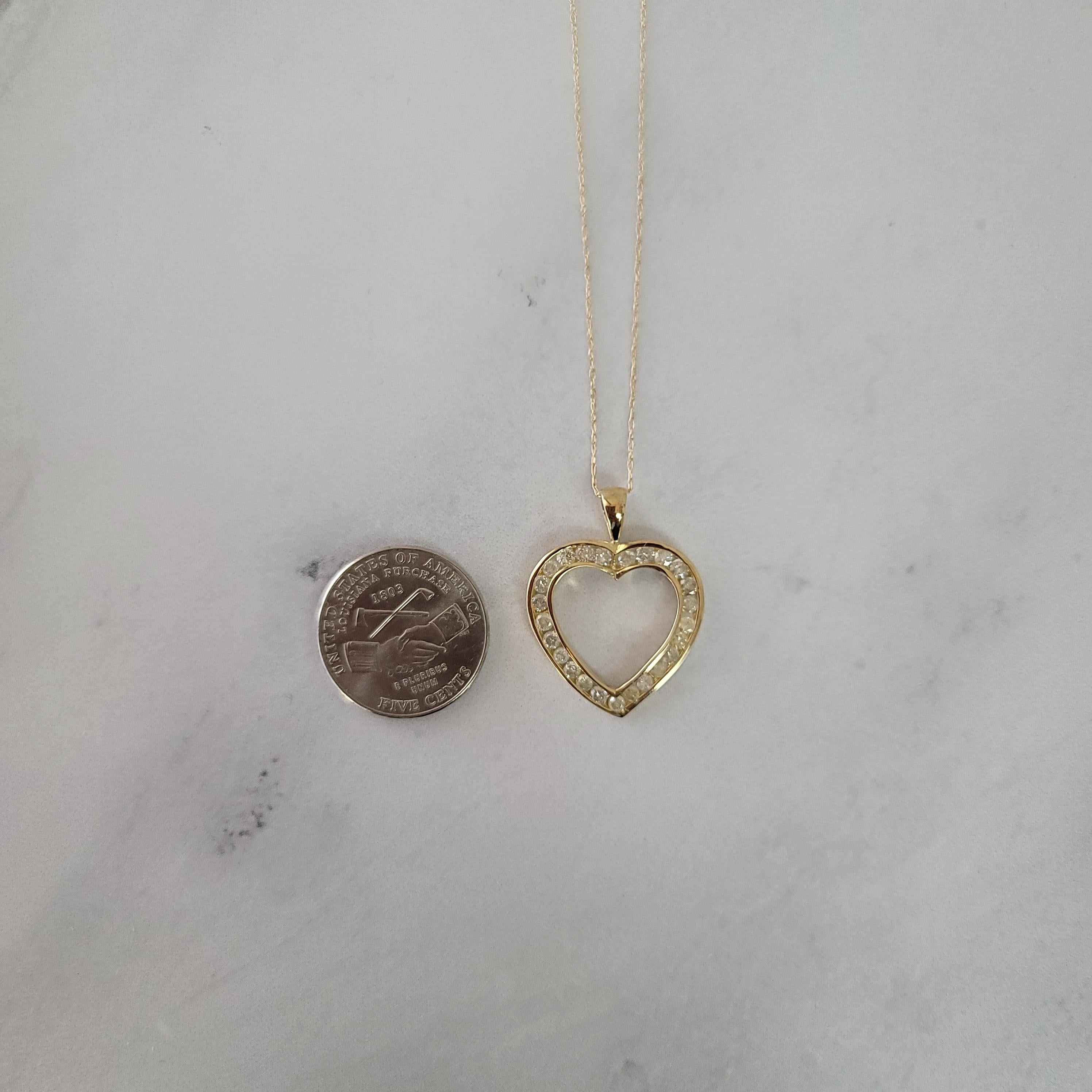 Channel Heart Shaped Diamond Necklace 1.17cttw 14k Yellow Gold