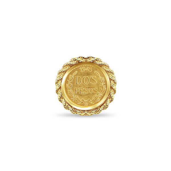 1945 Dos Pesos Fine Gold Coin Ring with Rope Bezel Frame