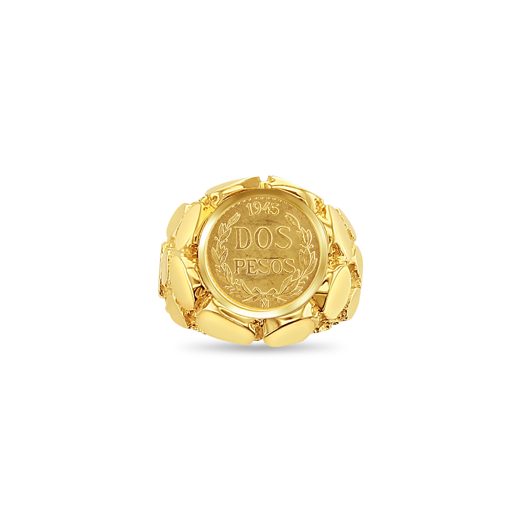 Anillo de piedra con moneda de oro de dos pesos