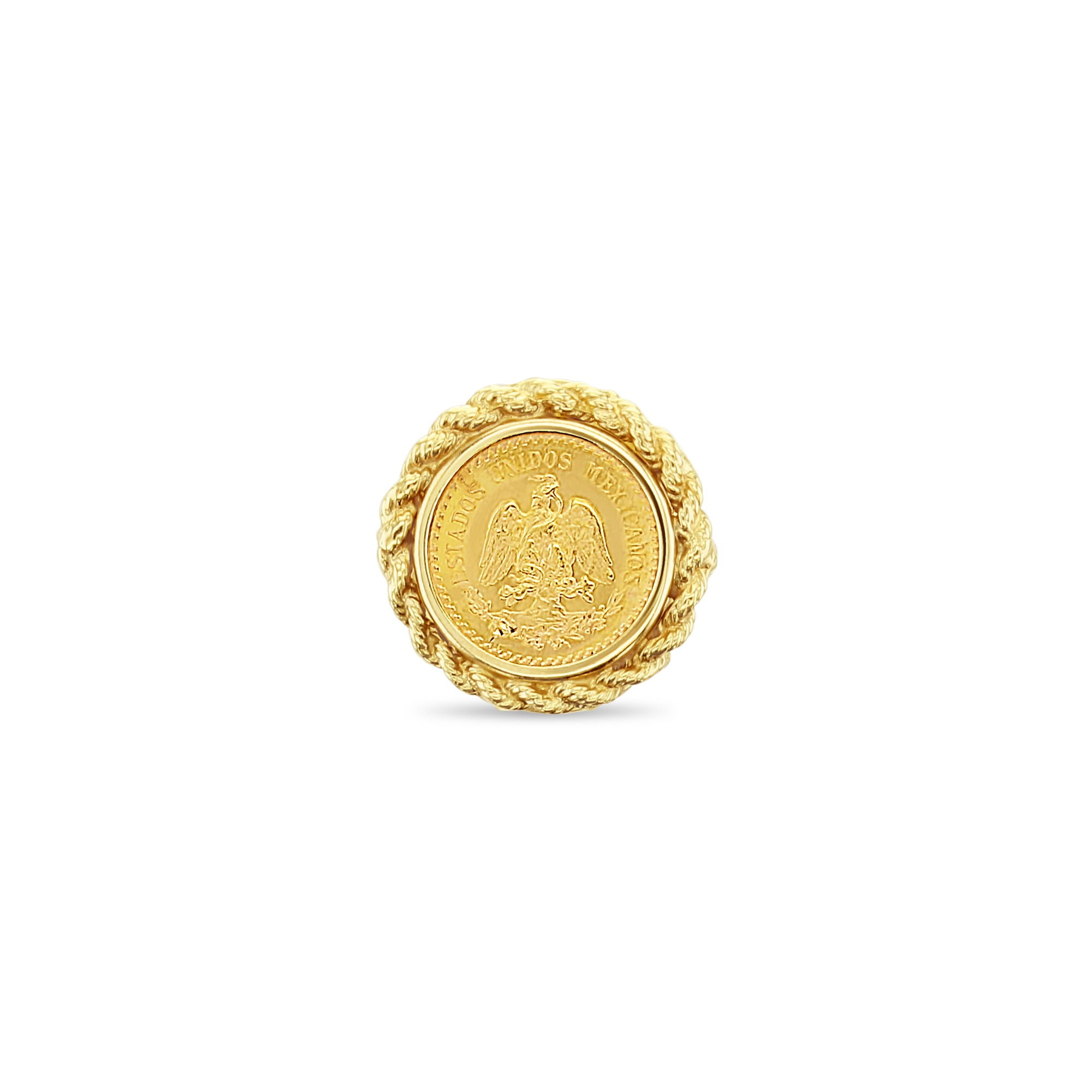 Anillo de oro con bisel de cuerda y moneda de dos pesos de 1945