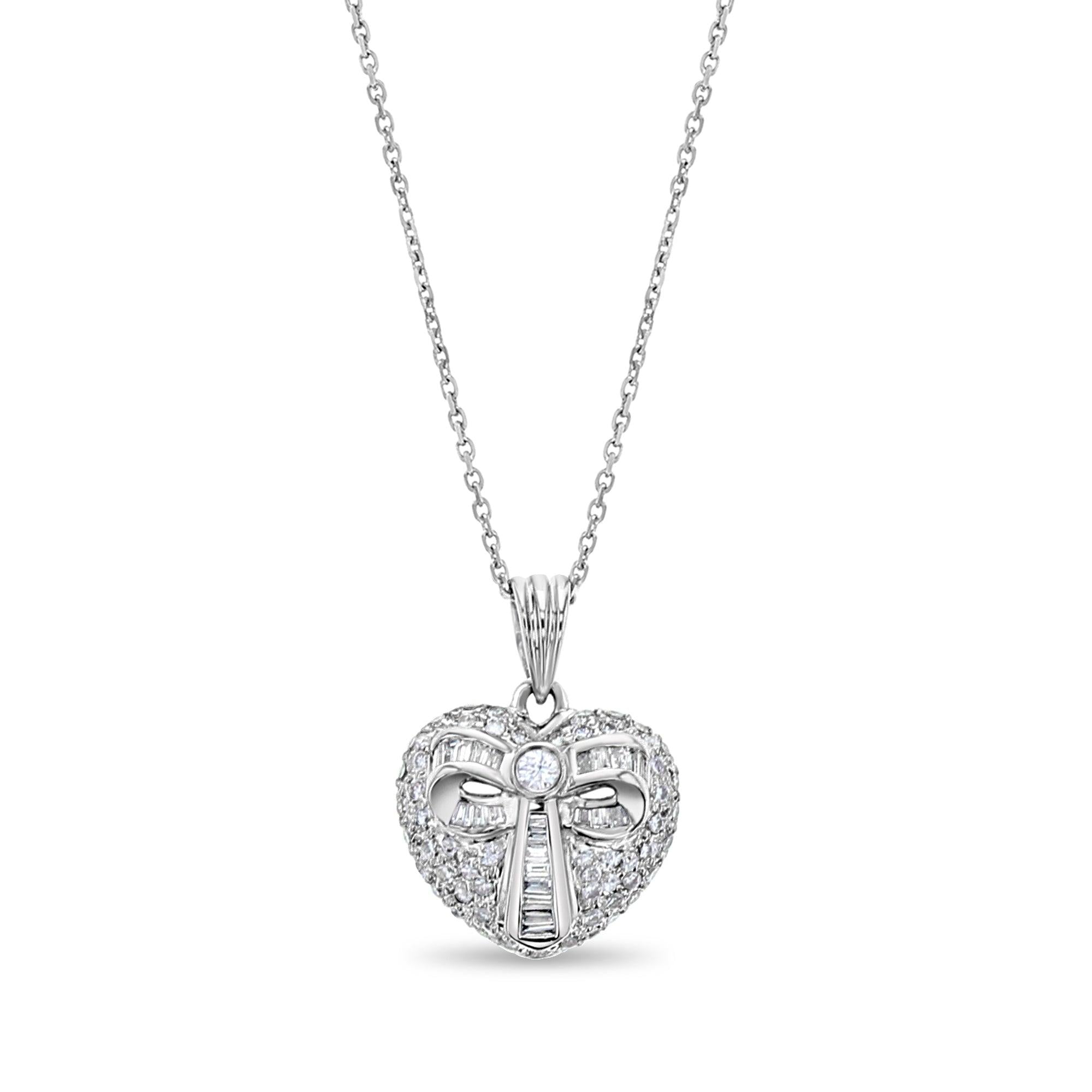 Diamond Heart Shaped Pave Pendant with Bow 18K White Gold