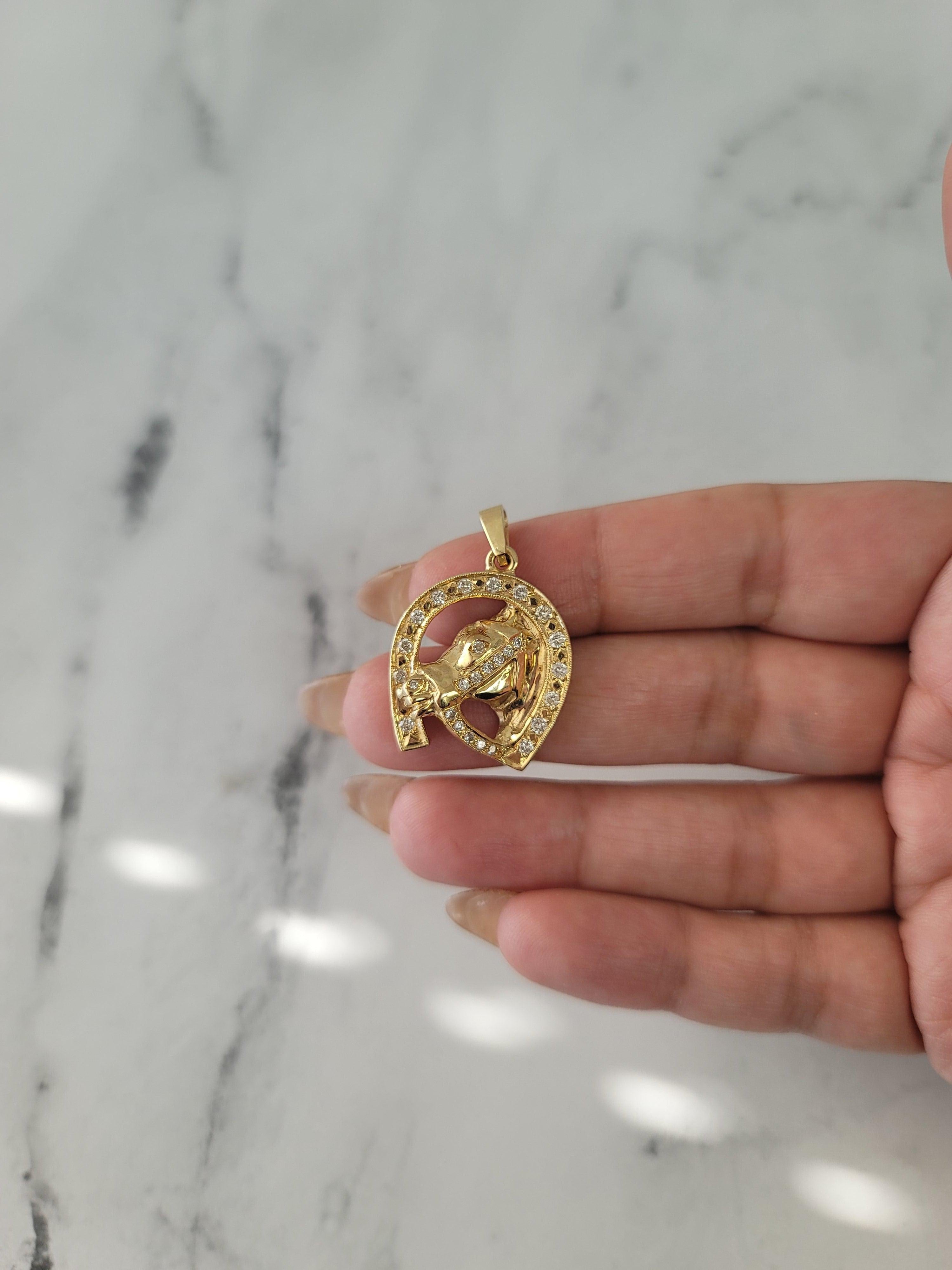 Diamond Horseshoe Horse Head Necklace .55cttw 14k Yellow Gold