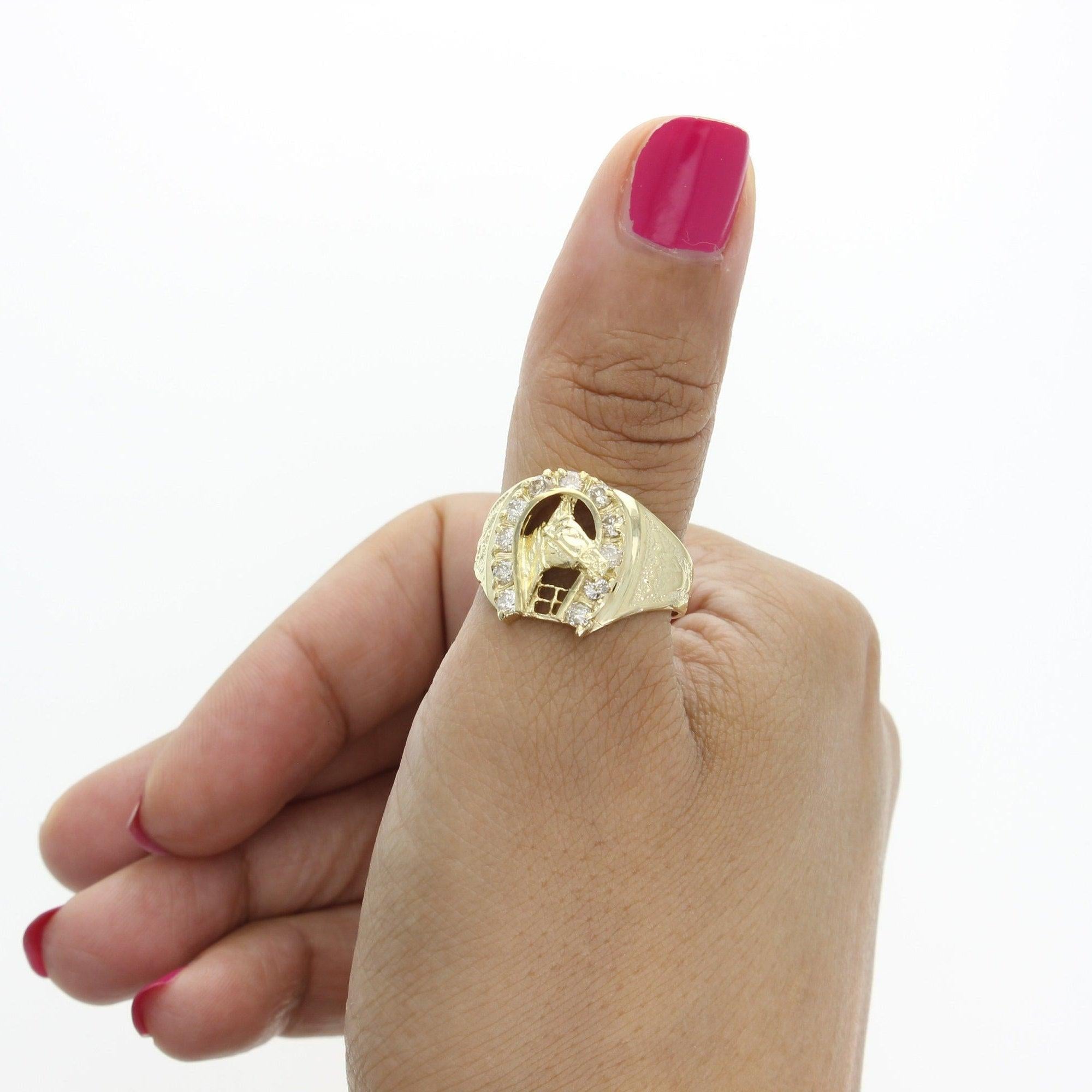 Diamond Horseshoe with Horse Head Ring 14k Yellow Gold