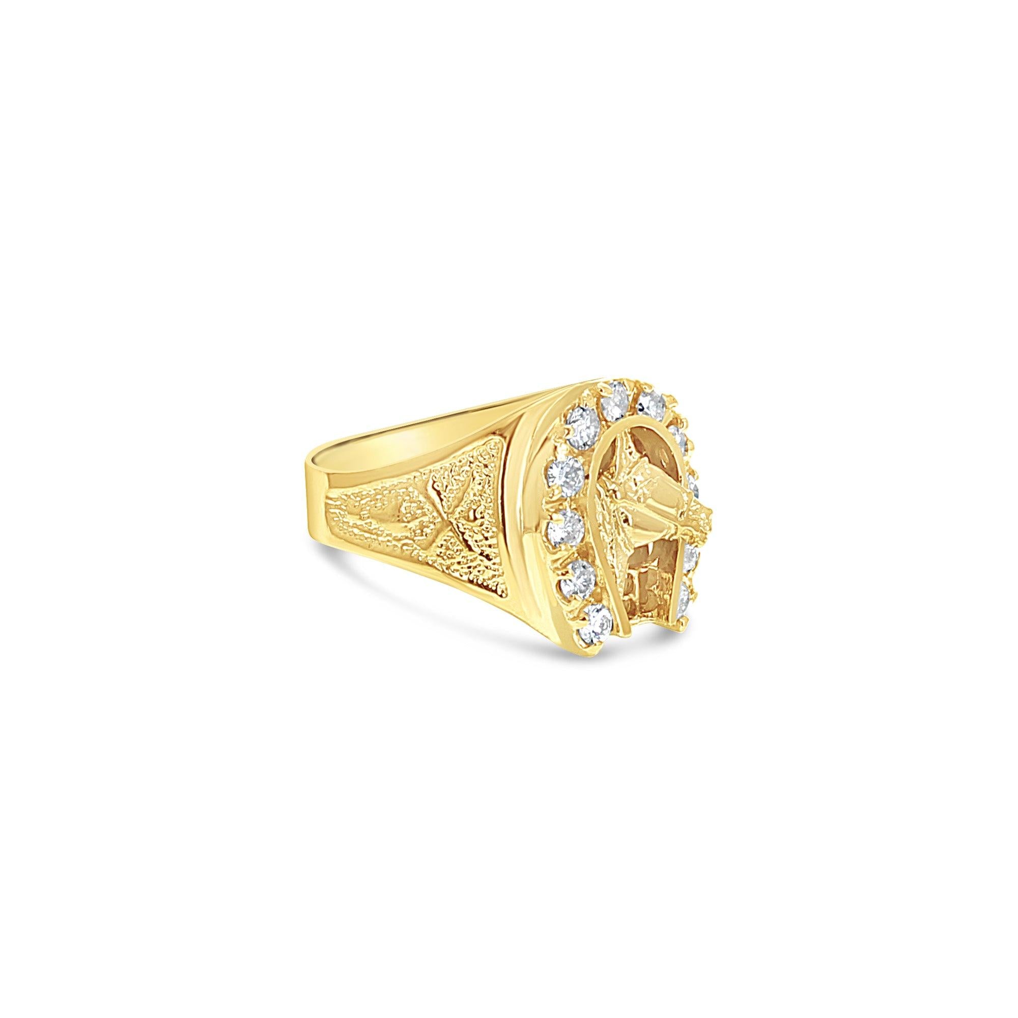 Diamond Horseshoe with Horse Head Ring 14k Yellow Gold