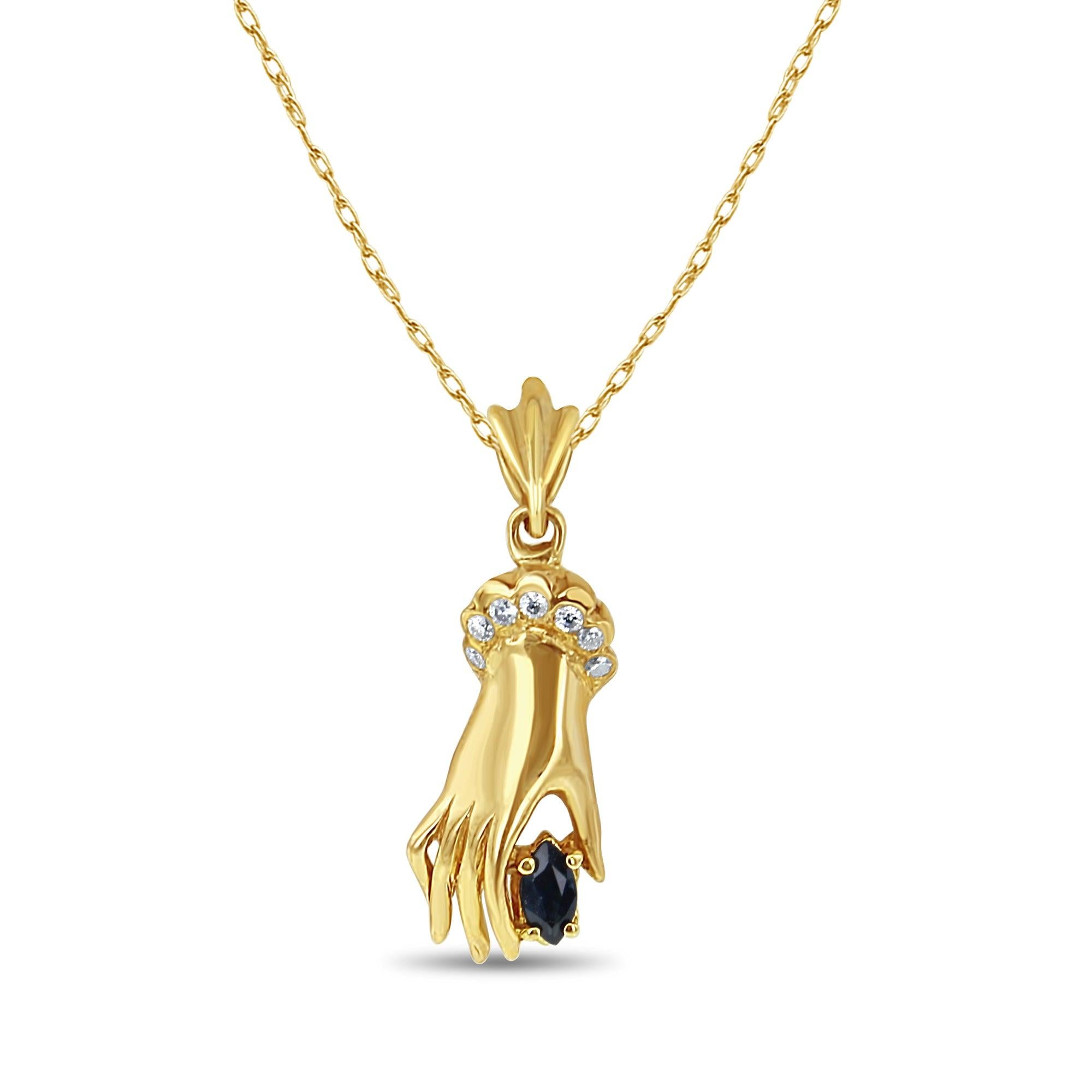 Diamond & Sapphire Mudra Hand Necklace .26cttw 14k Yellow Gold