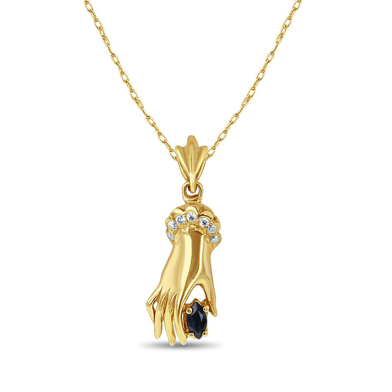 Diamond & Sapphire Mudra Hand Necklace .26cttw 14k Yellow Gold