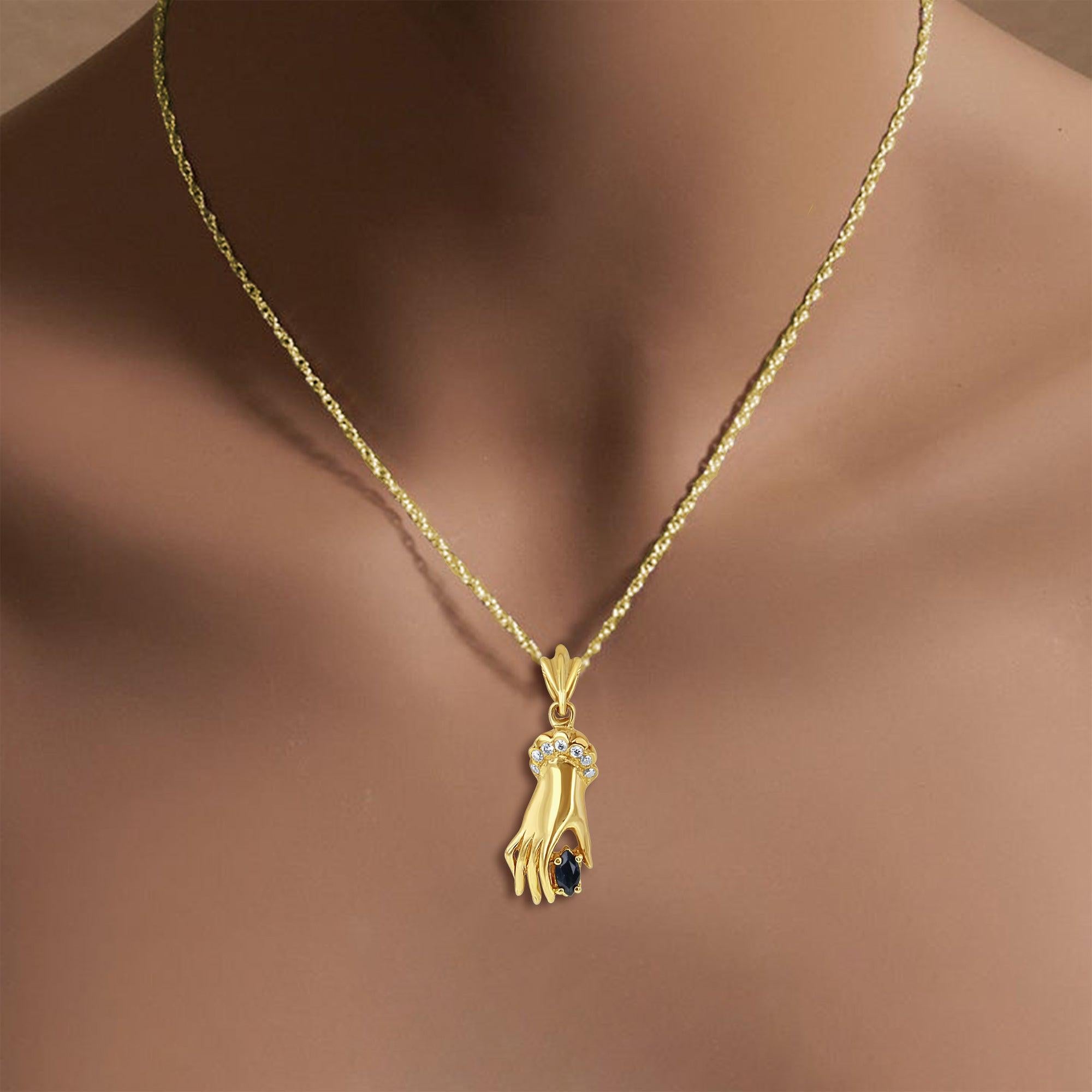 Diamond & Sapphire Mudra Hand Necklace .26cttw 14k Yellow Gold