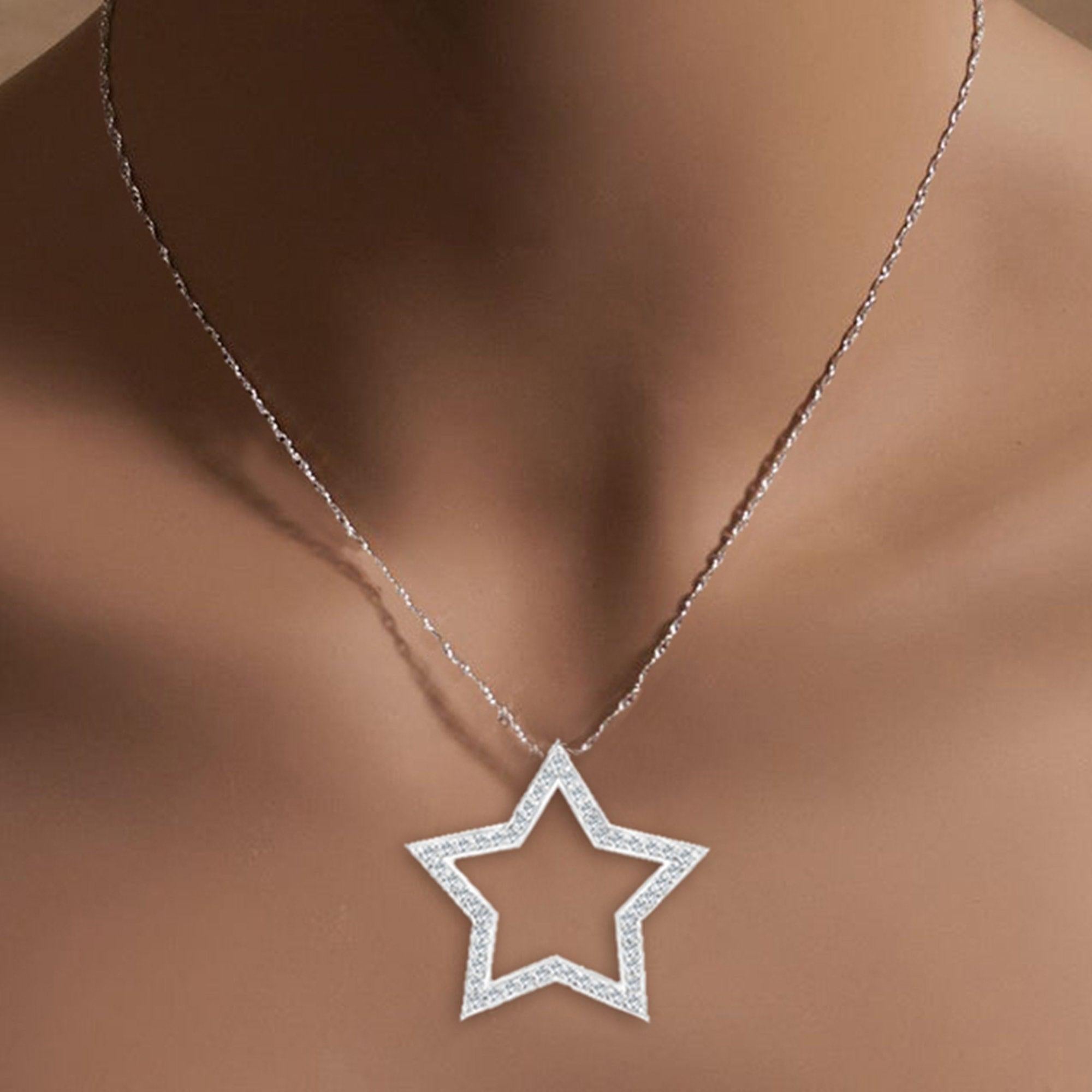 Diamond Star Stencil Cutout Pendant .60cttw 14k White Gold