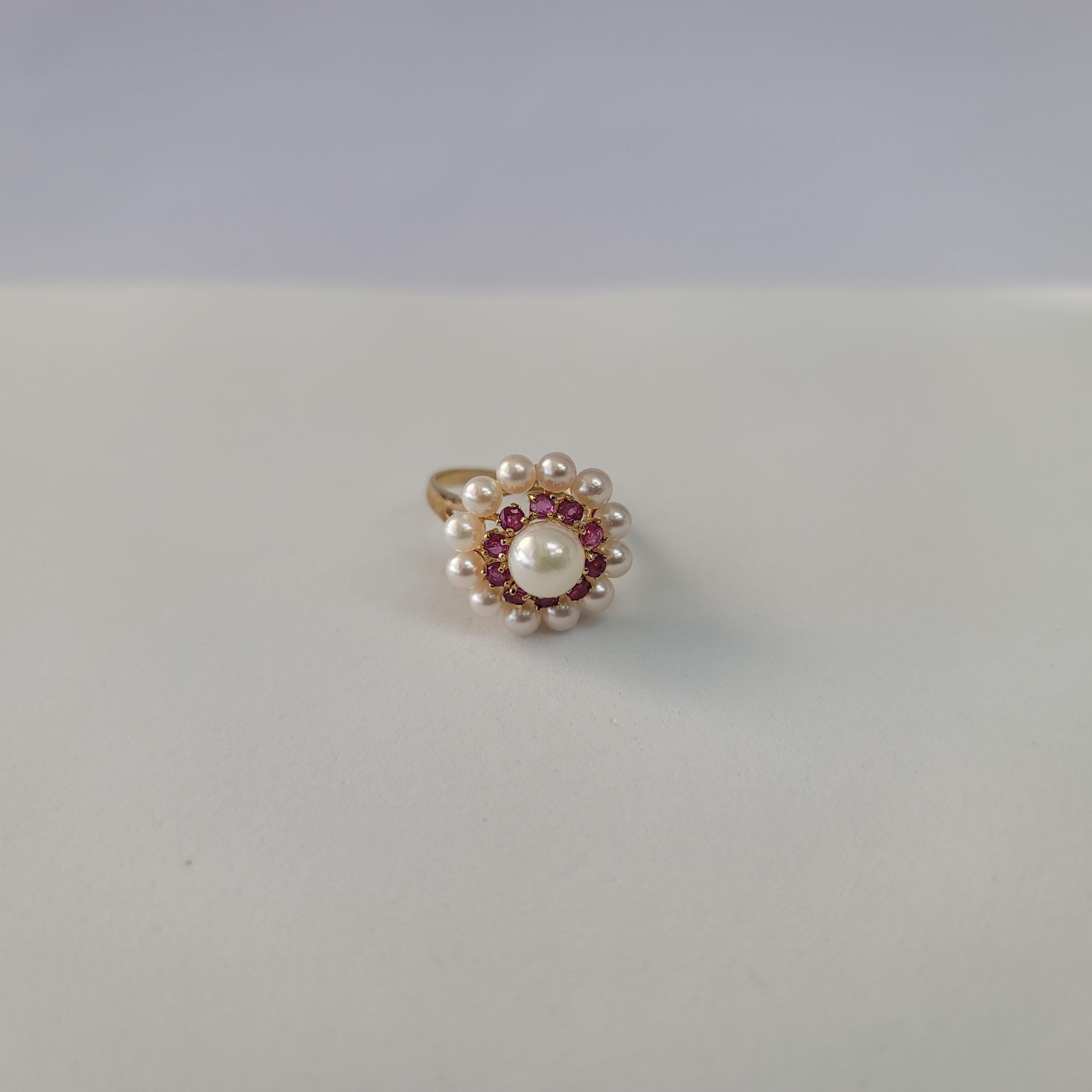 Double Halo Pearl & Ruby Ring 7MM Pearl 14k Yellow Gold