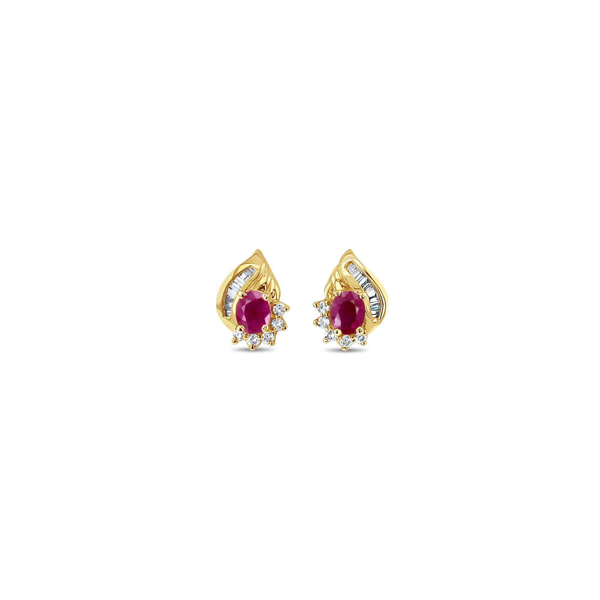 Oval Ruby Earrings with Baguette Diamond Accents .30cttw 14k Yellow Gold