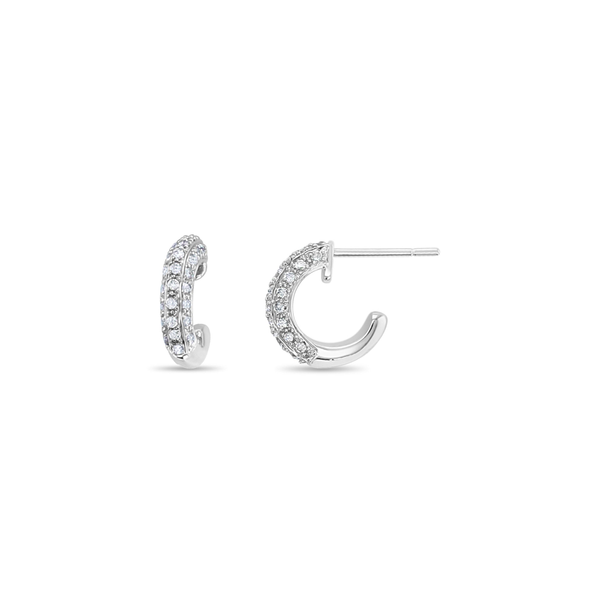 Diamond Pave Hoop Huggie Earrings 14k White Gold