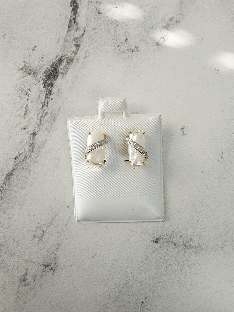 Vintage Rice Pearl Earrings with Diamond Accents