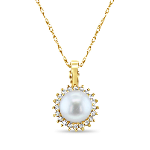 Freshwater Pearl Diamond  Halo Necklace 14k Yellow Gold