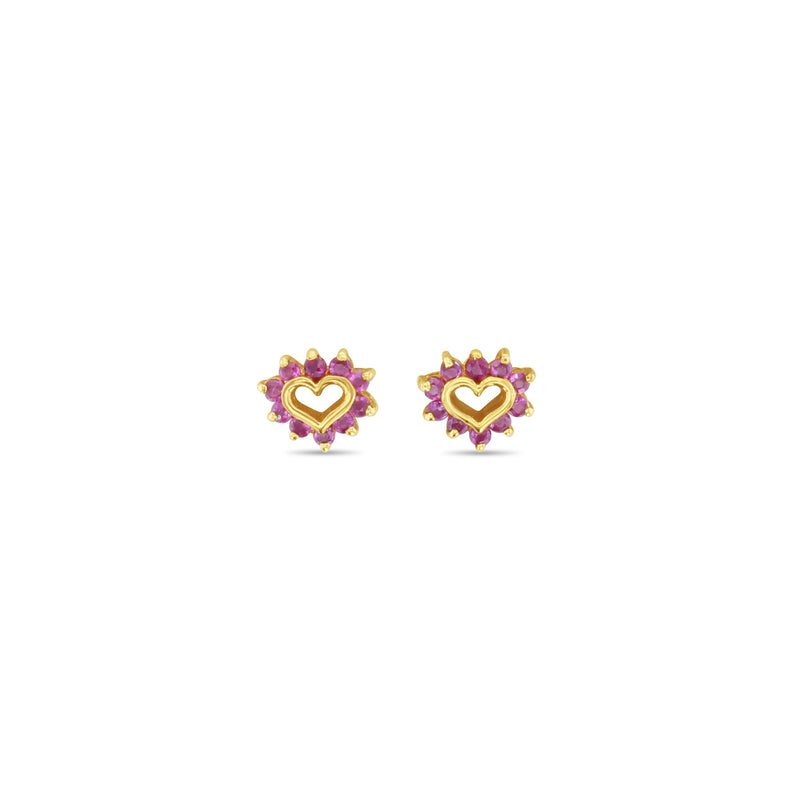Delicados pendientes pequeños con forma de corazón de rubí recortado en oro amarillo de 14 k