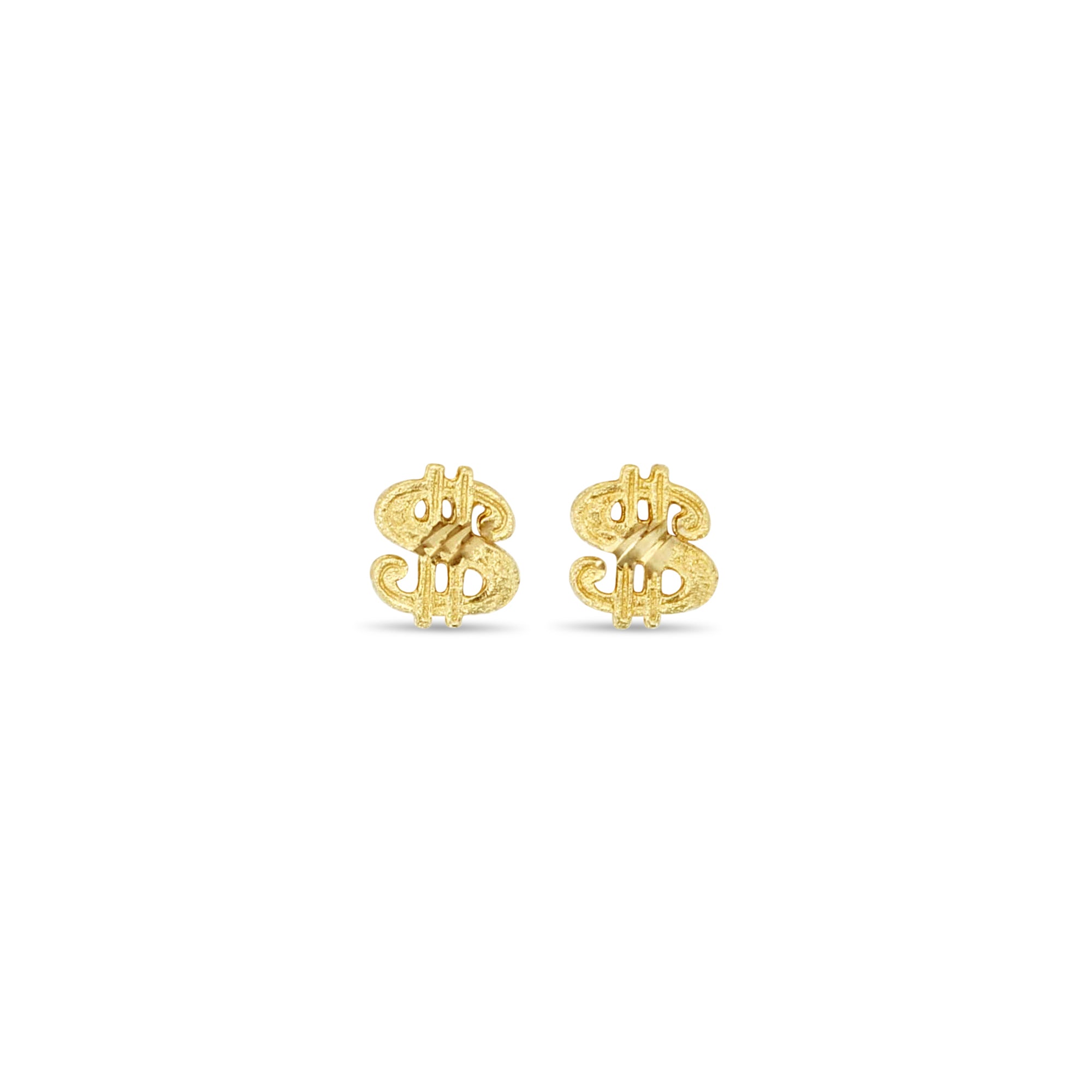 Dollar Sign Gold Studs with Diamond Cuts 14k Yellow Gold