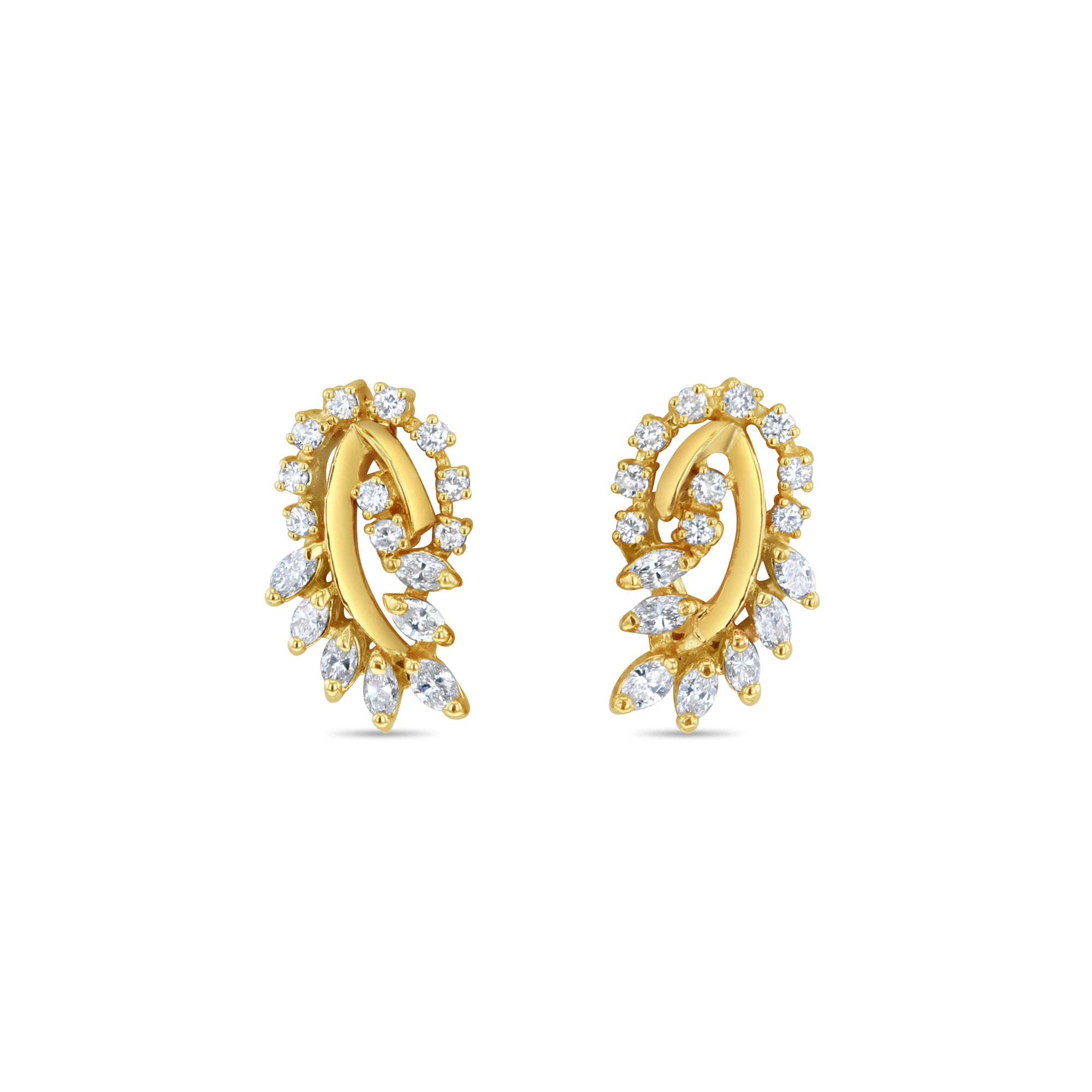 Boucles d'oreilles marquise à motif floral et diamants en or jaune 14 carats