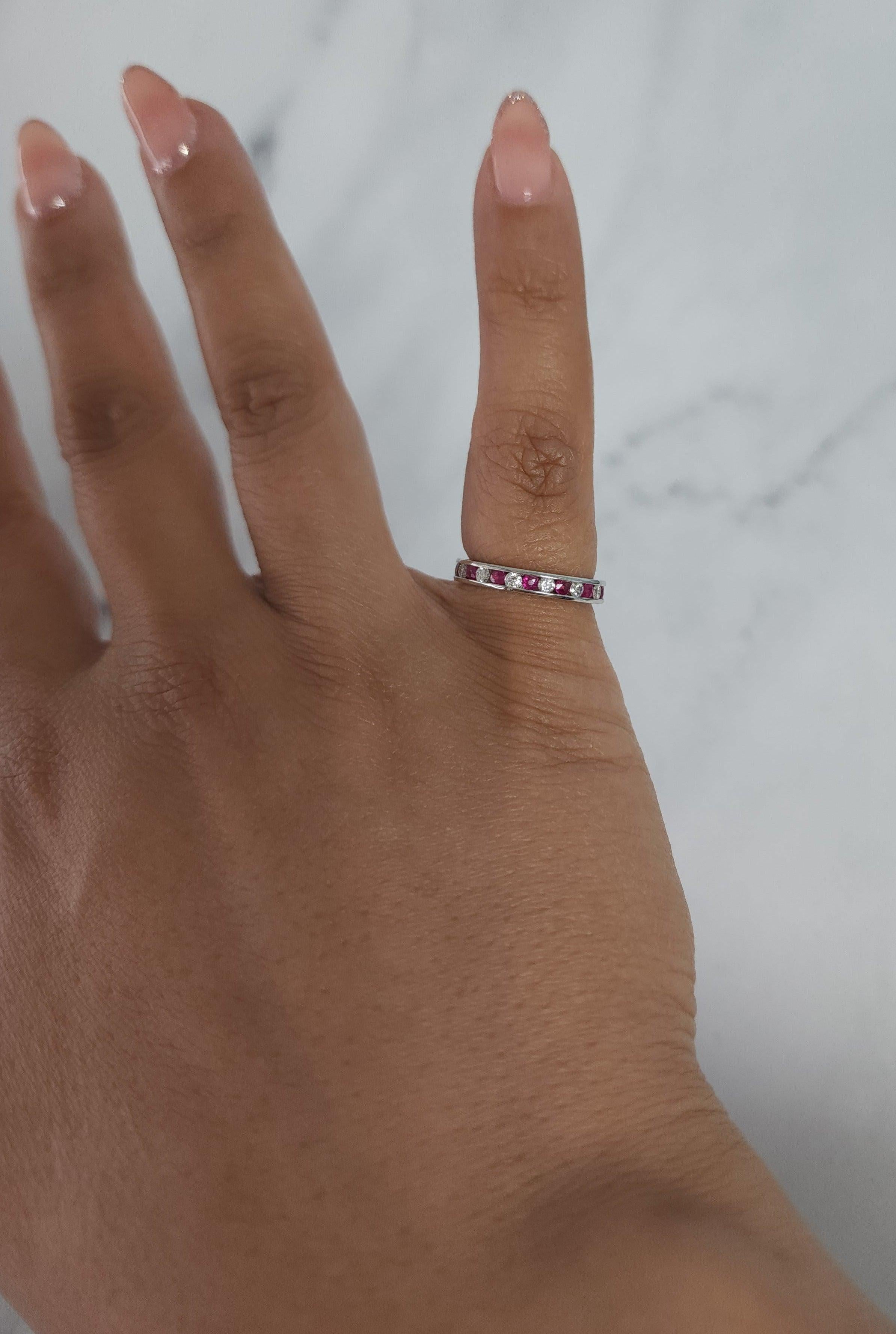 Eternity Diamond & Ruby Wedding Band 1.00cttw 14k White Gold