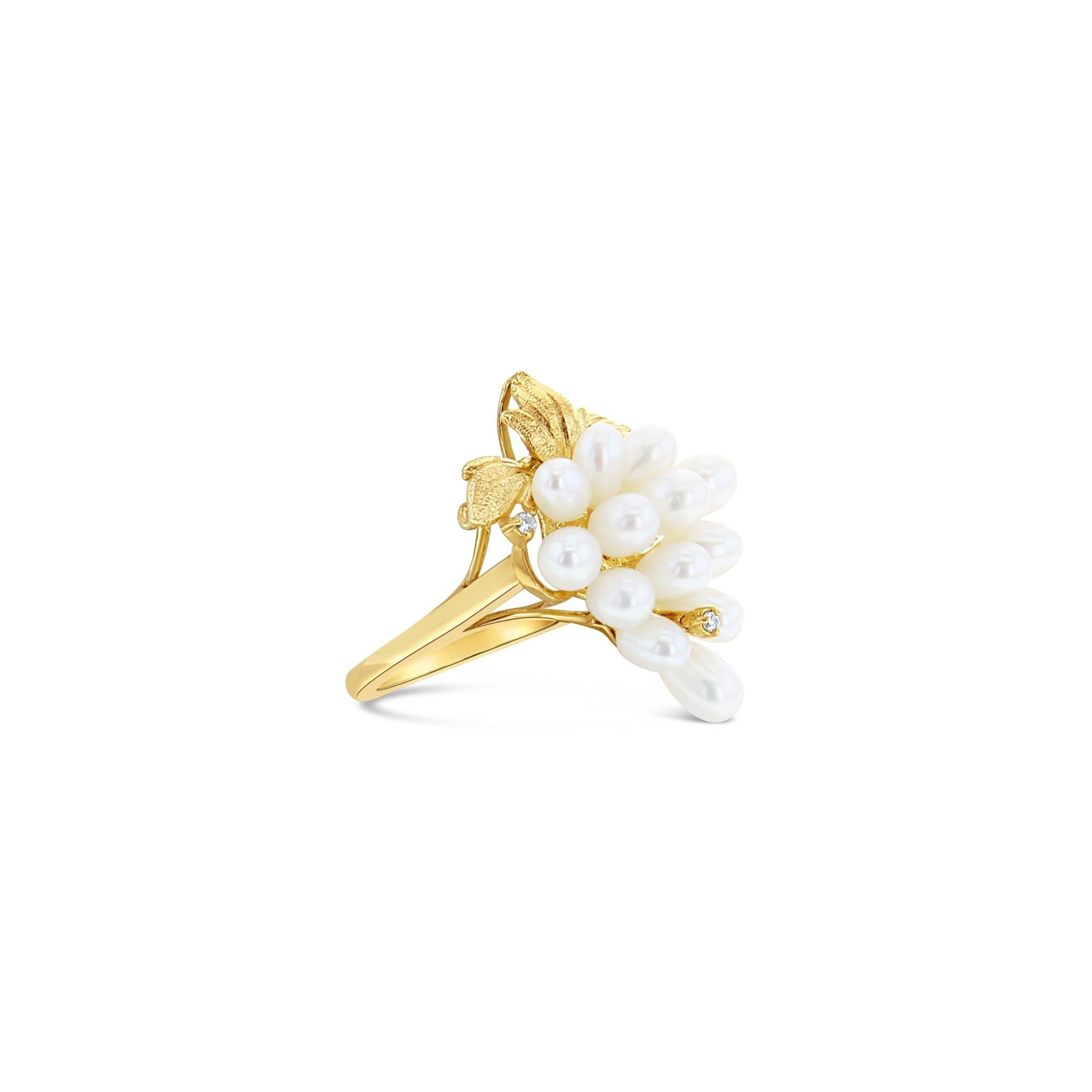 Freshwater Pearl Grape Cluster Cocktail Ring with Small Diamonds 14k Yellow Gold