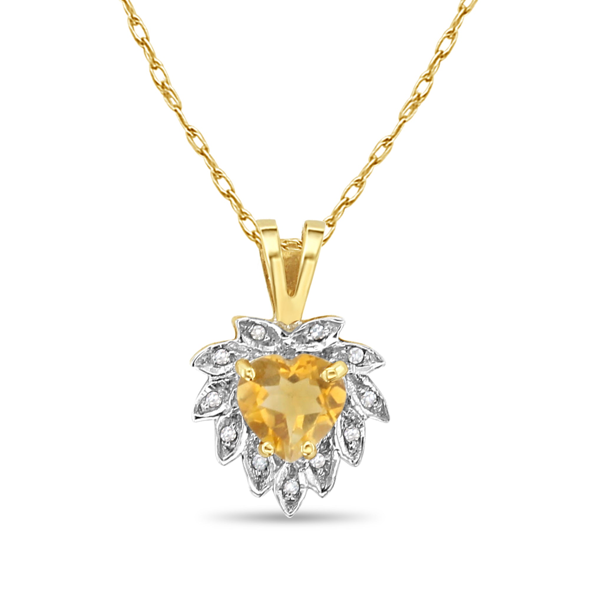 Collar de citrino en forma de corazón con halo de diamantes en oro amarillo de 14 k