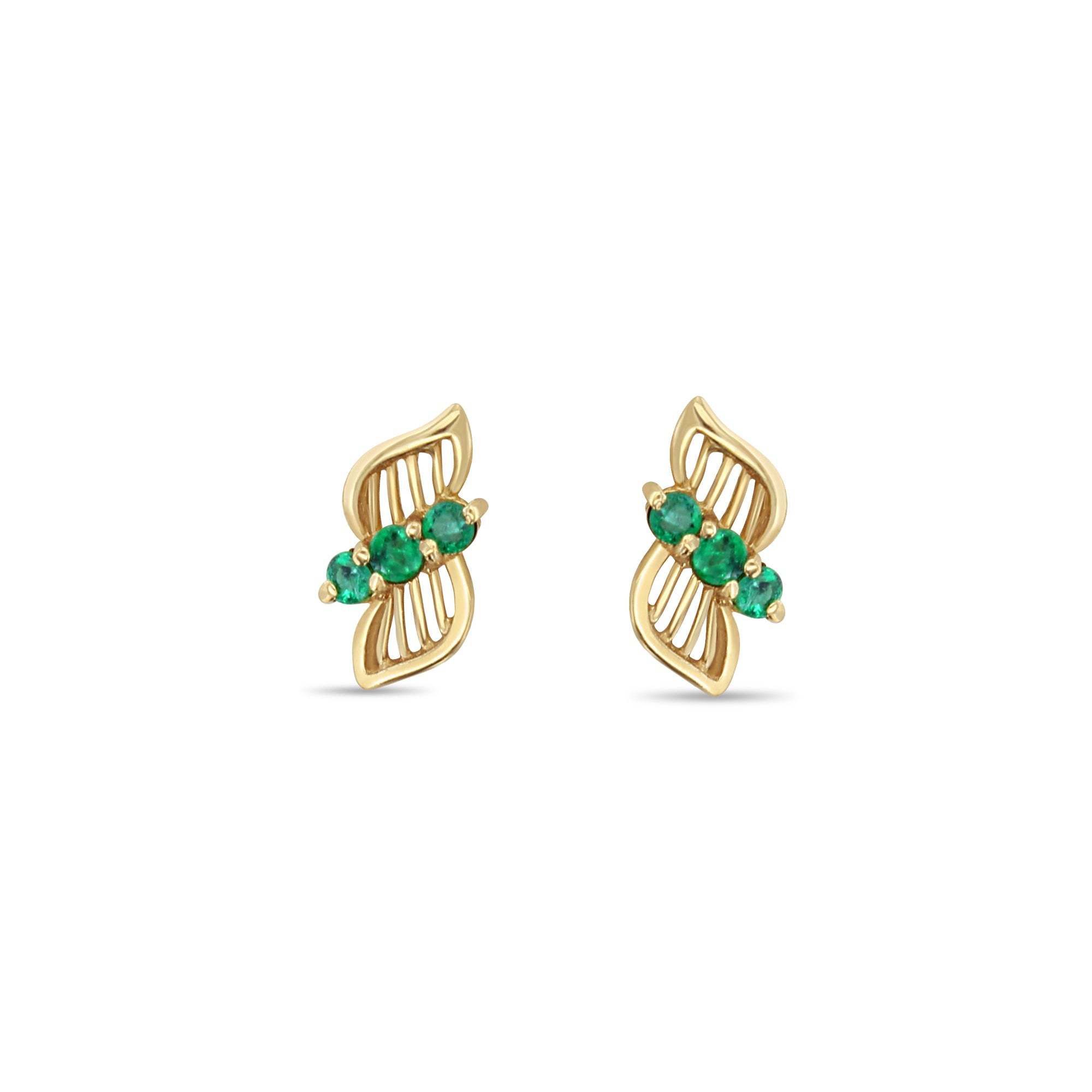 Fan Style Emerald Earrings 14k Yellow Gold