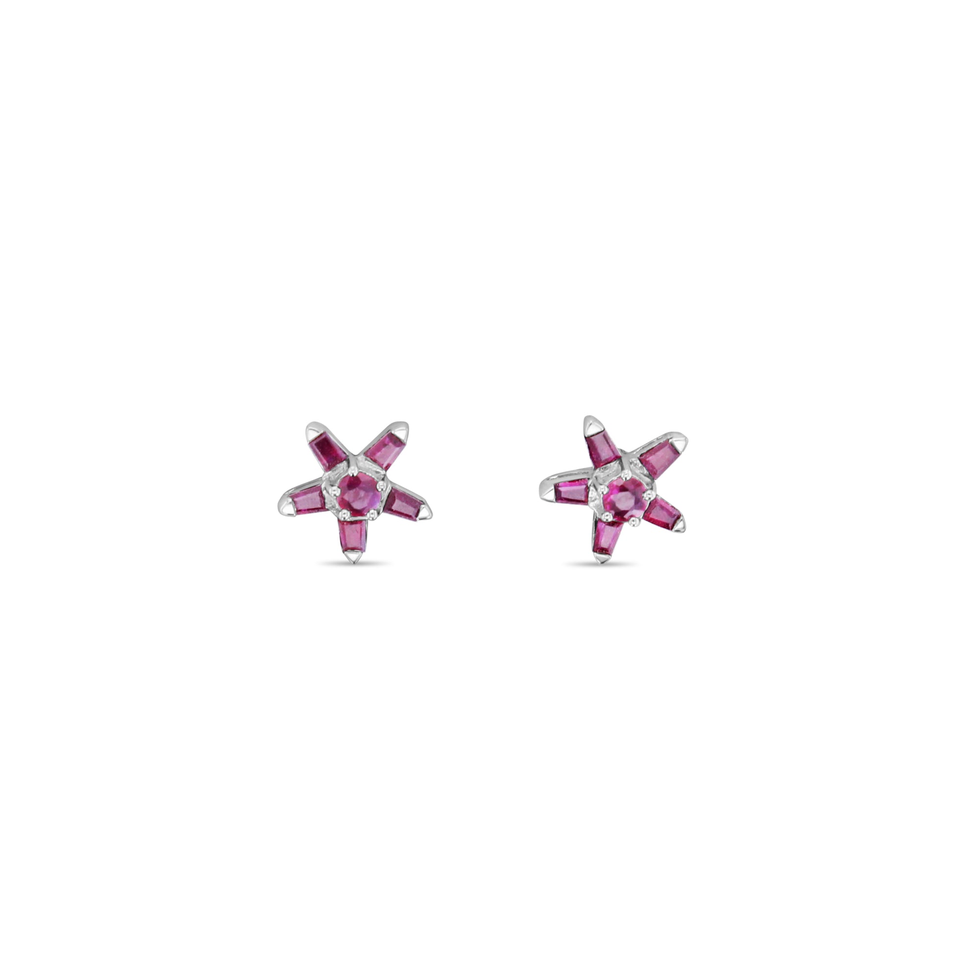 Ruby Baguette Star Shaped Studs 14k White Gold