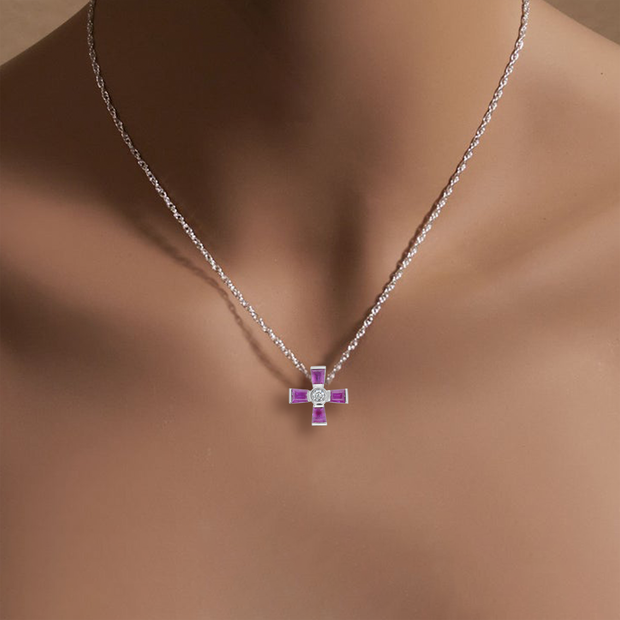 Ruby & Diamond Mini Cross Necklace 14k White Gold