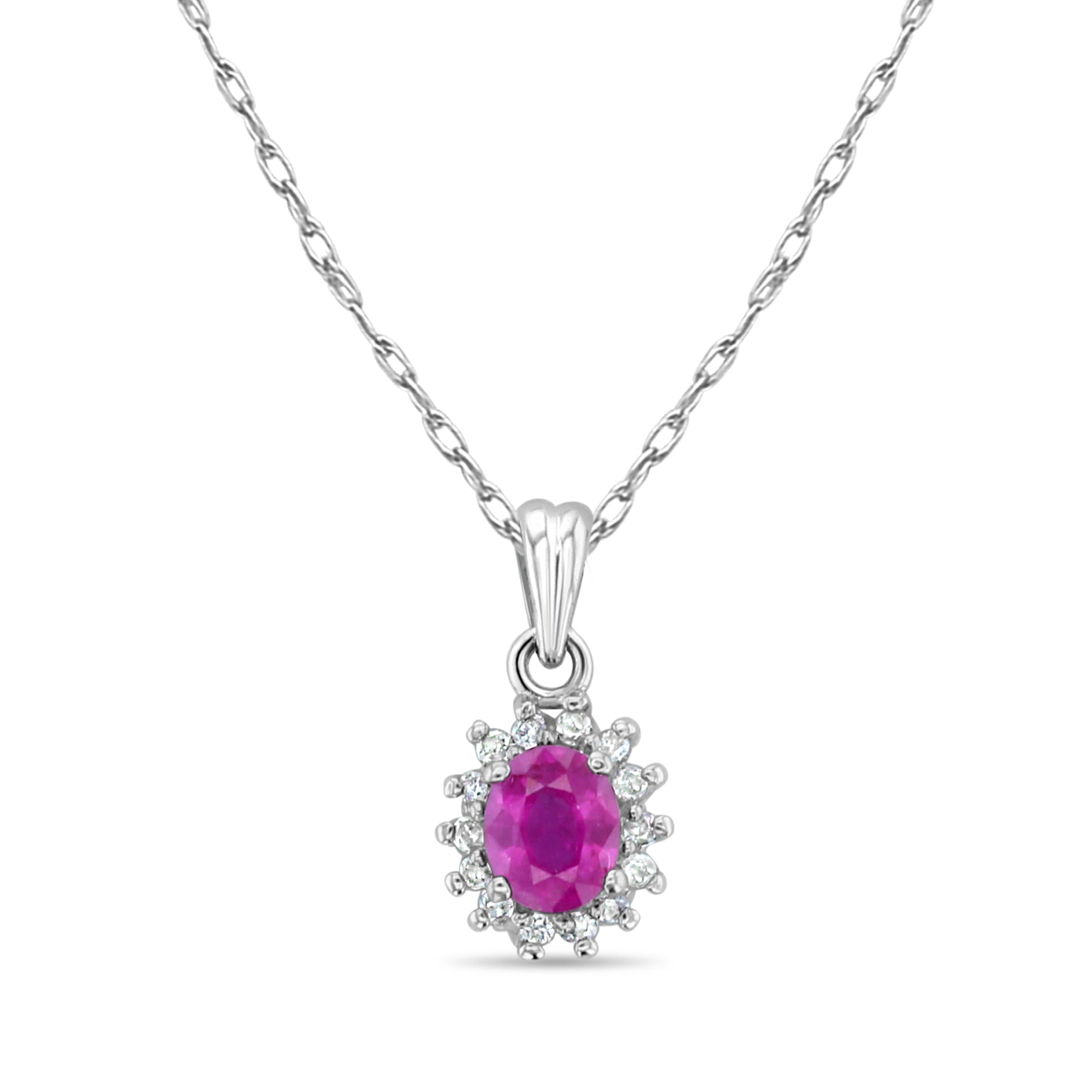 Oval Ruby Diamond Halo Necklace 14k White Gold