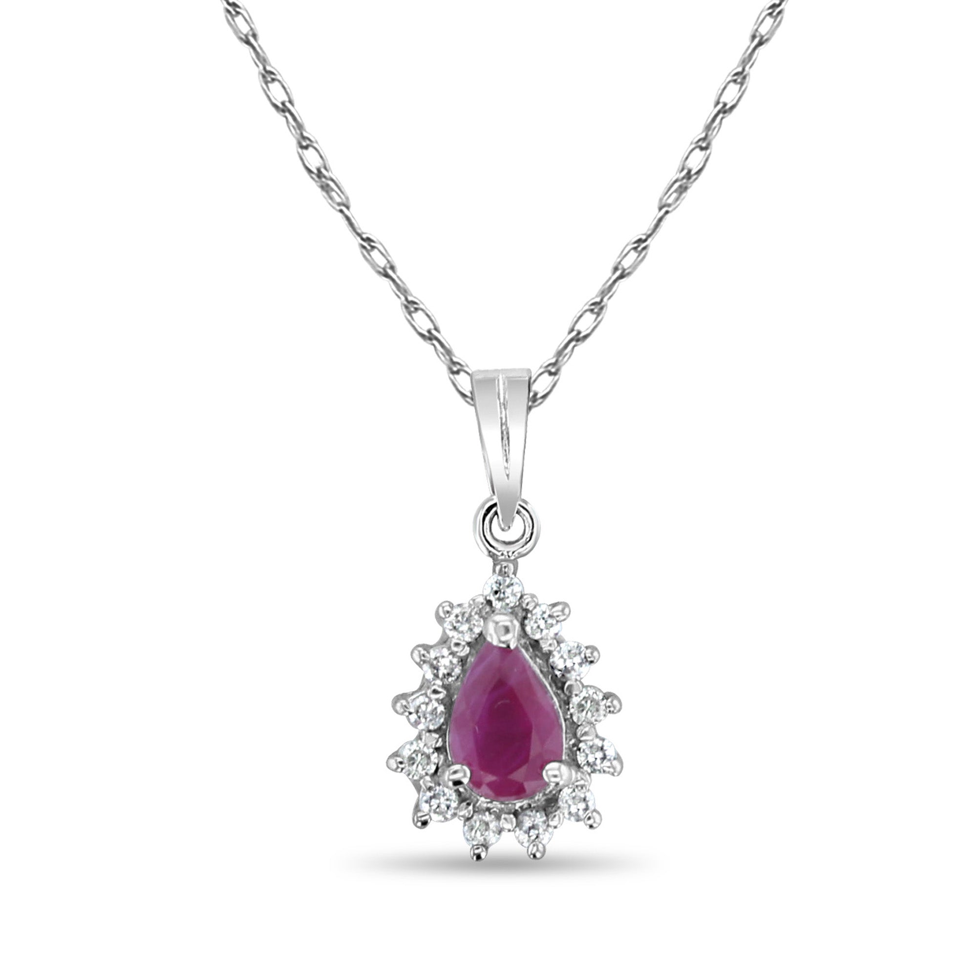 Collier en or blanc 14 carats avec halo de diamants et rubis en forme de poire