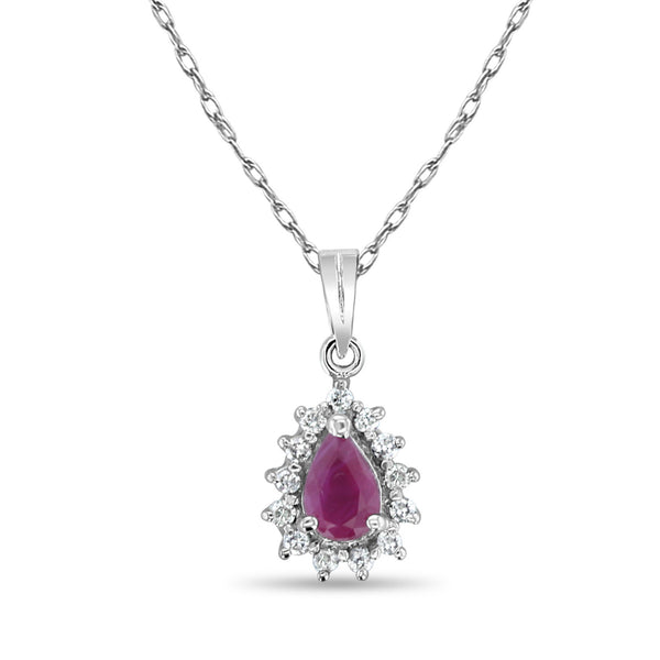 Pear Shaped Ruby Diamond Halo Necklace 14k White Gold