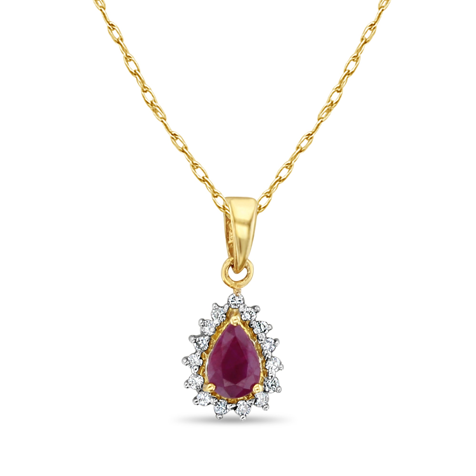 Collier en or jaune 14 carats avec halo de diamants et rubis en forme de poire