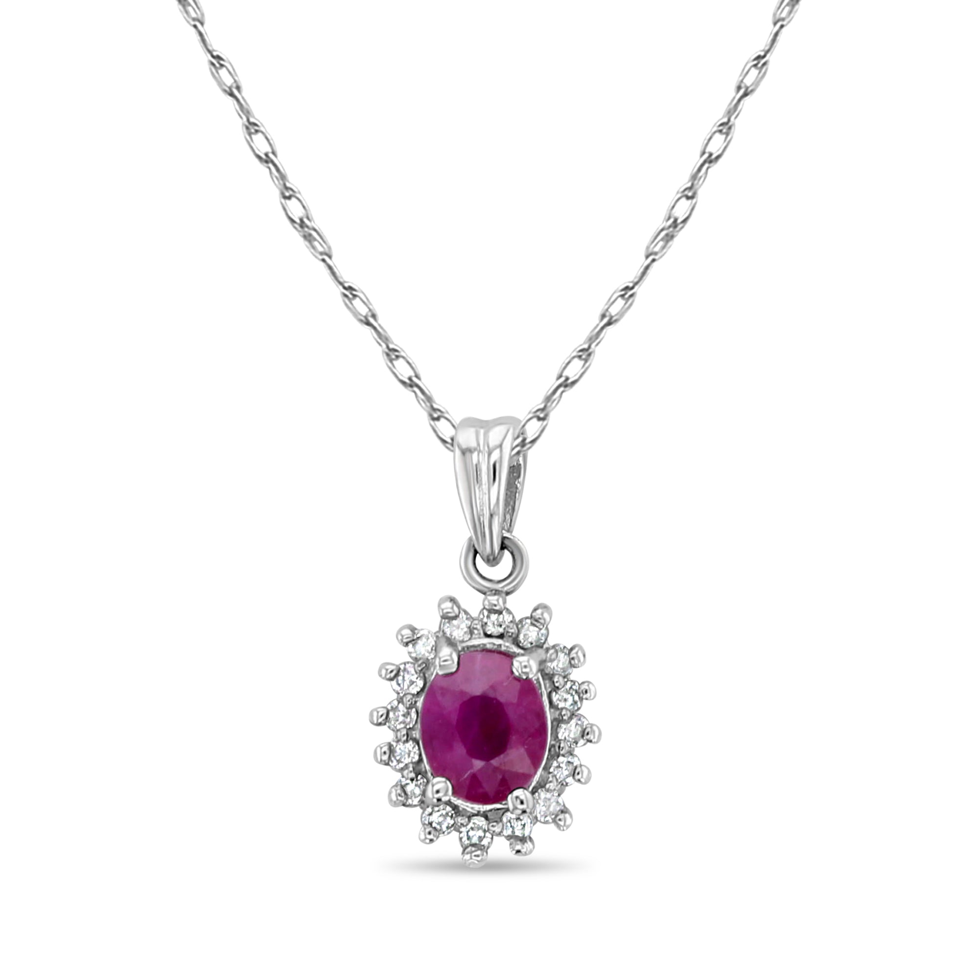 Oval Ruby Diamond Halo Necklace 14k White Gold