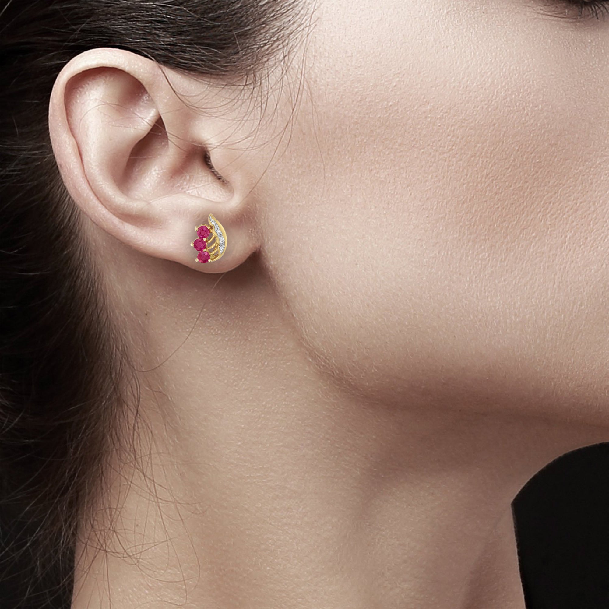 Ruby Wing Style Studs with Diamond Accent 14k Yellow Gold