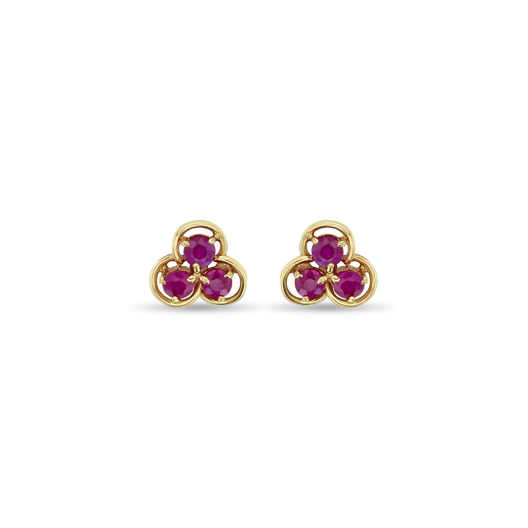 Three Stone Ruby Studs 14k Yellow Gold