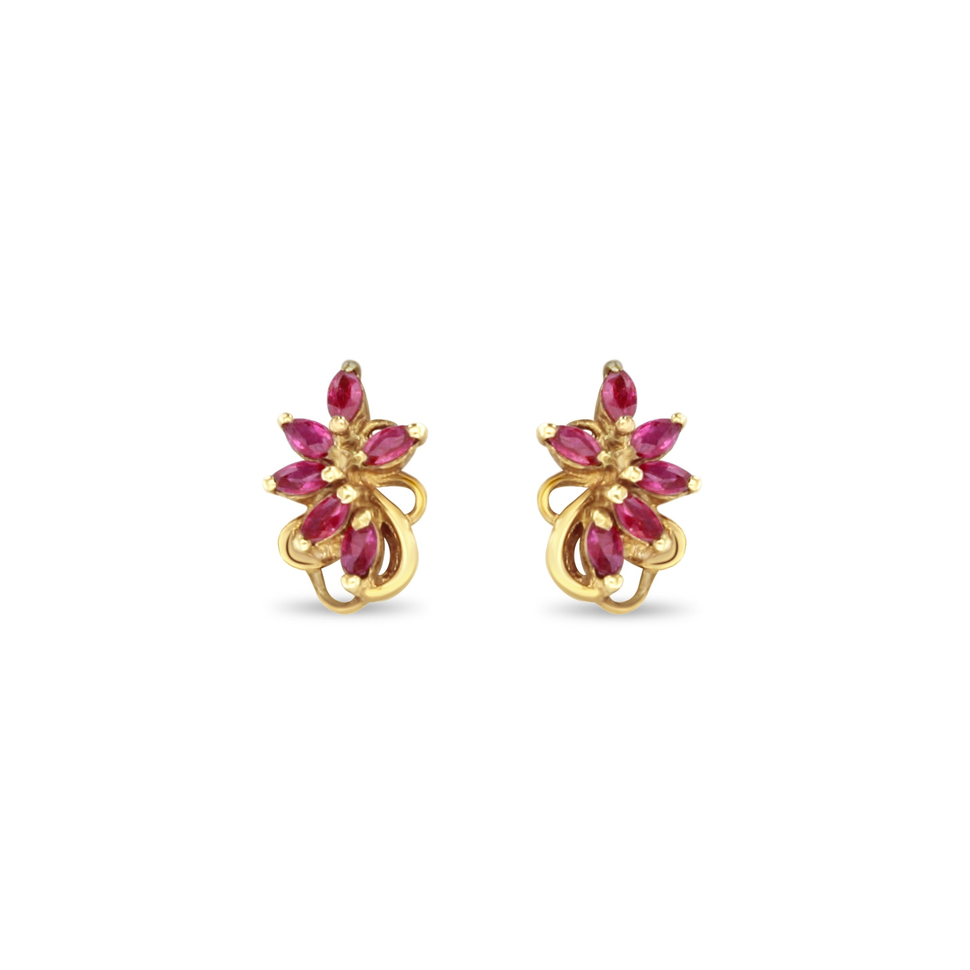 Pendientes pequeños con racimo de rubíes marquesa en oro amarillo