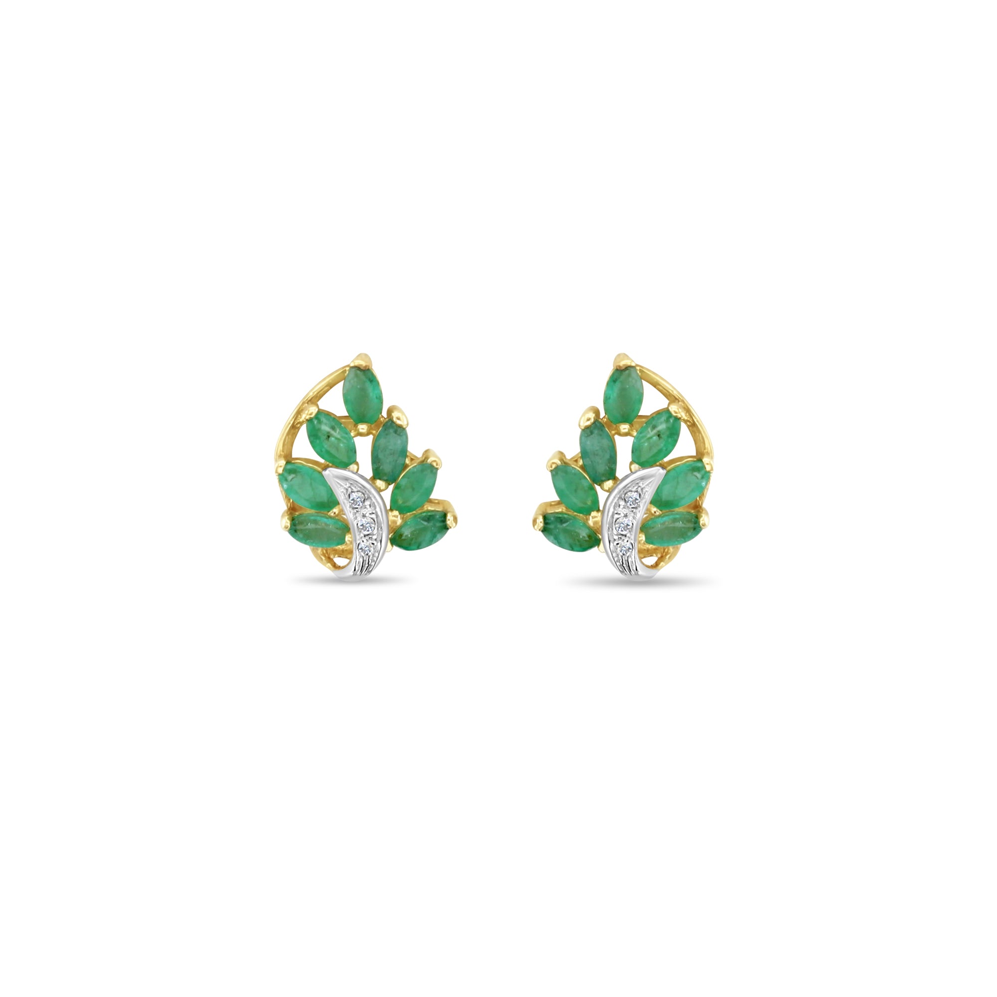 Marquise Emerald Leaf Style Studs with Diamond Pave Accent