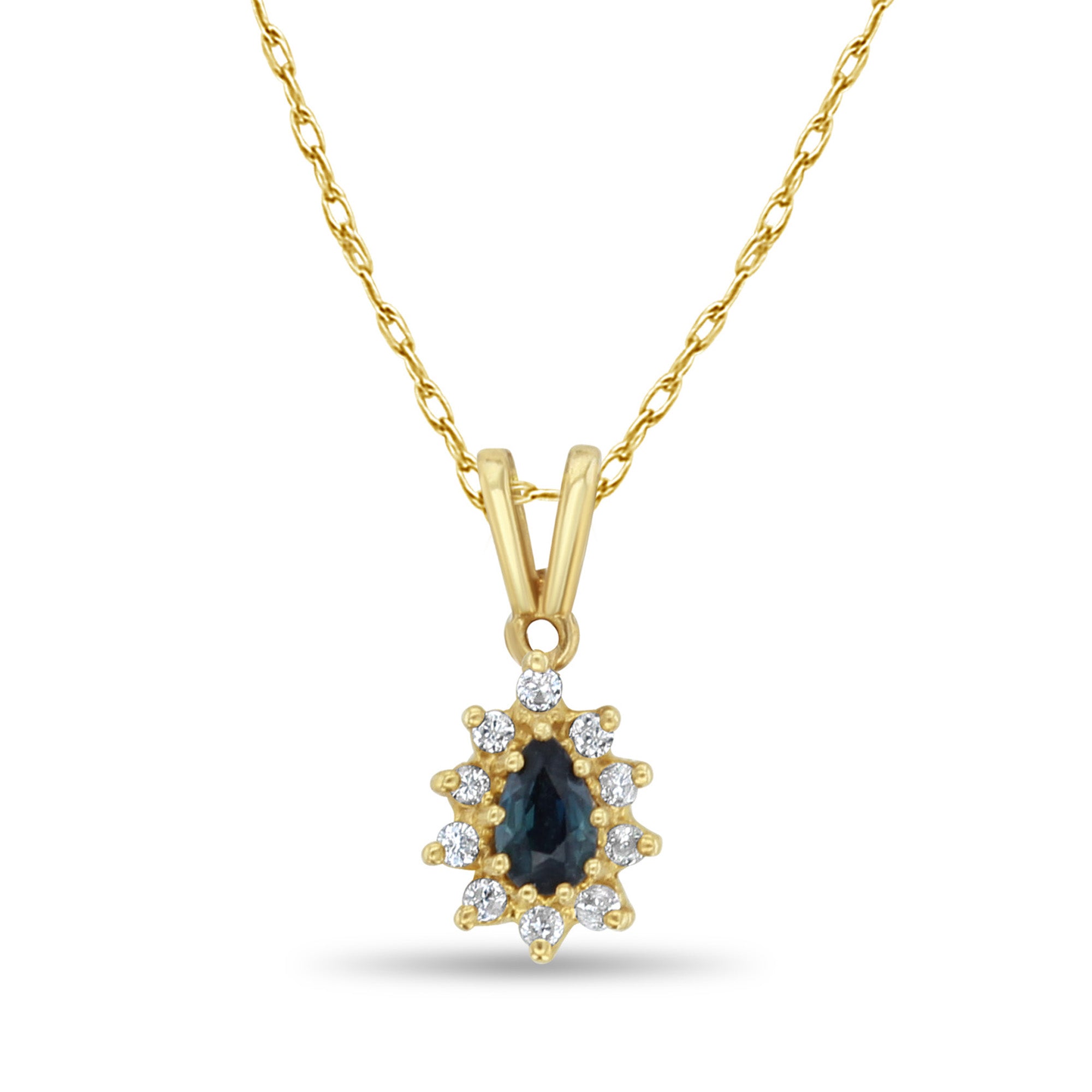 Collier en forme de poire avec halo de saphirs et de diamants en or jaune 14 carats