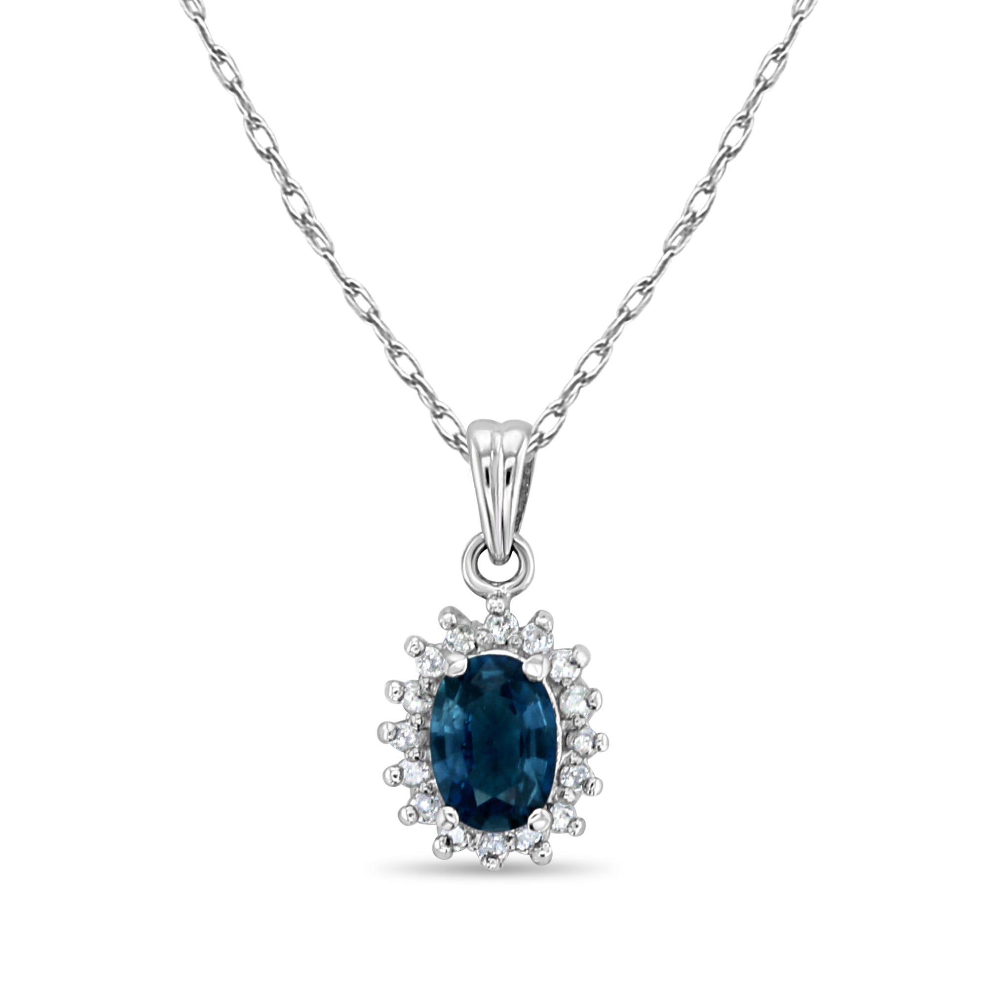 Oval Sapphire Diamond Halo Necklace 14k White Gold