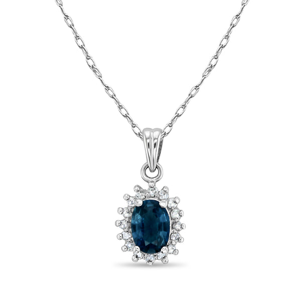 Oval Sapphire Diamond Halo Necklace 14k White Gold