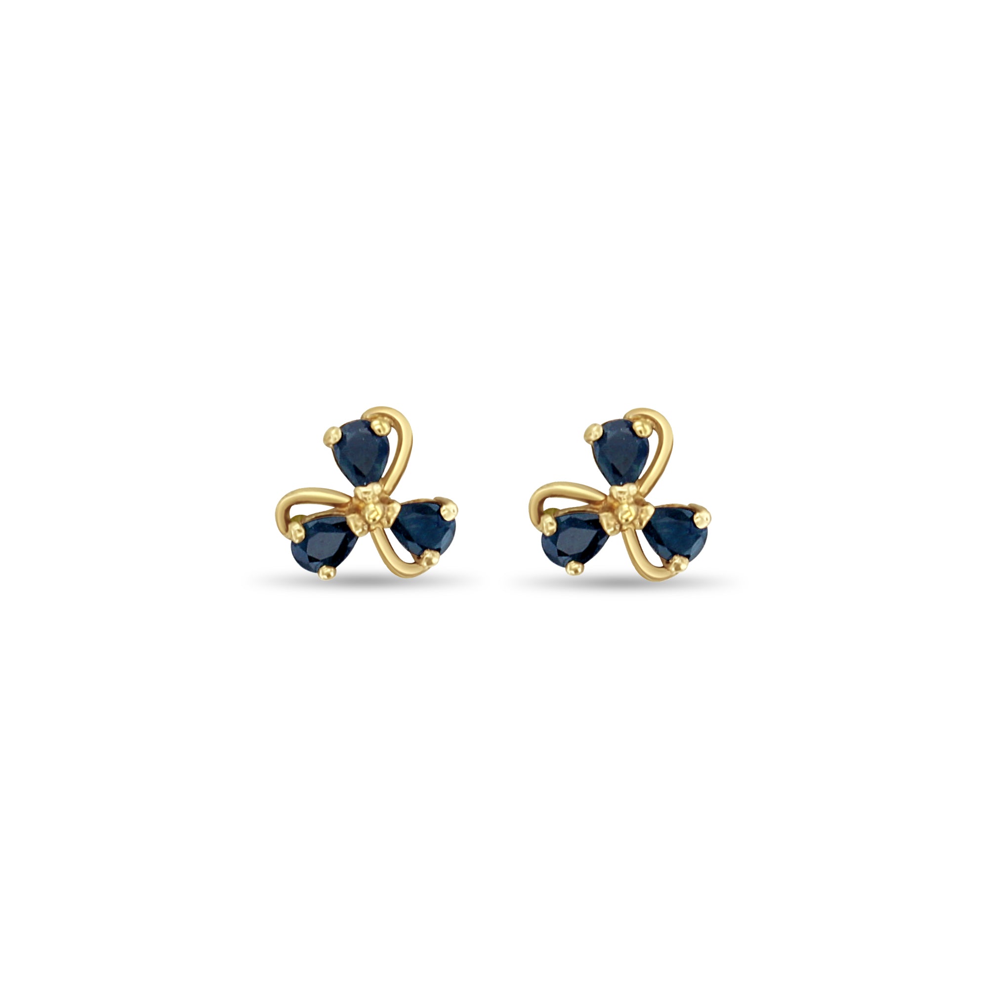 Three Leaf Clover Sapphire Studs with Gold Trim 14k Yellow Gold