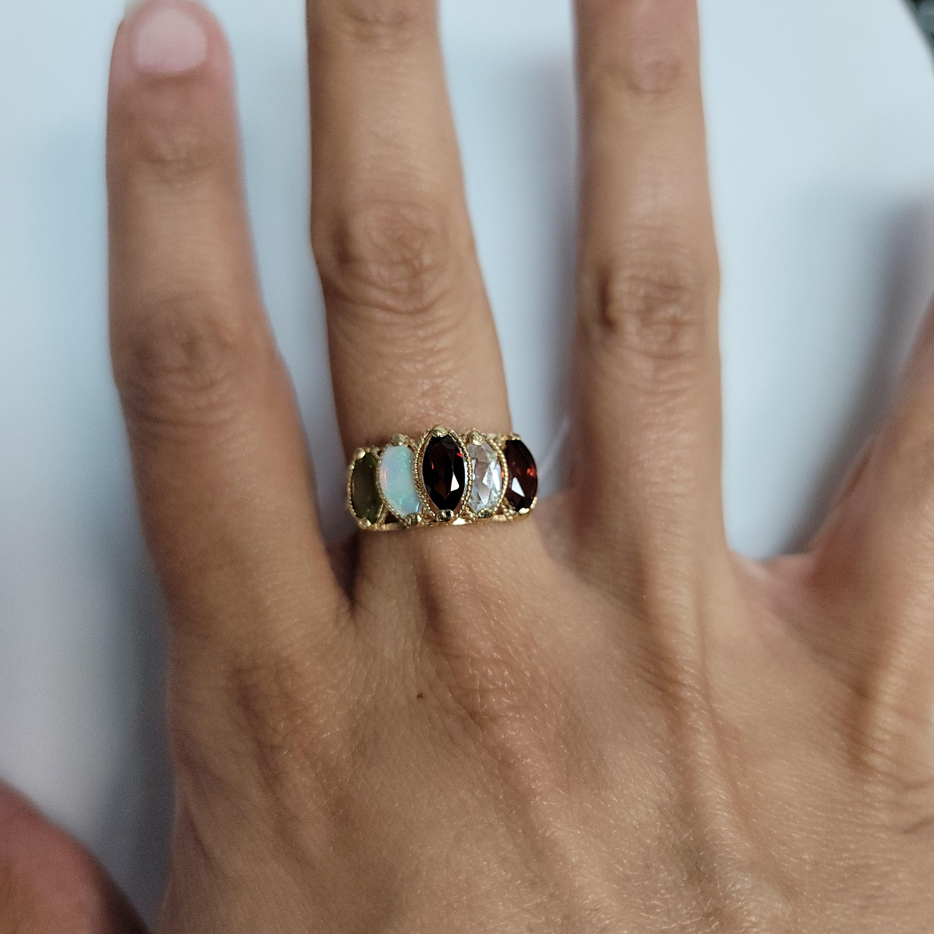 Garnet, Opal, Peridot, Cubic Zirconia Ring with Rope Design