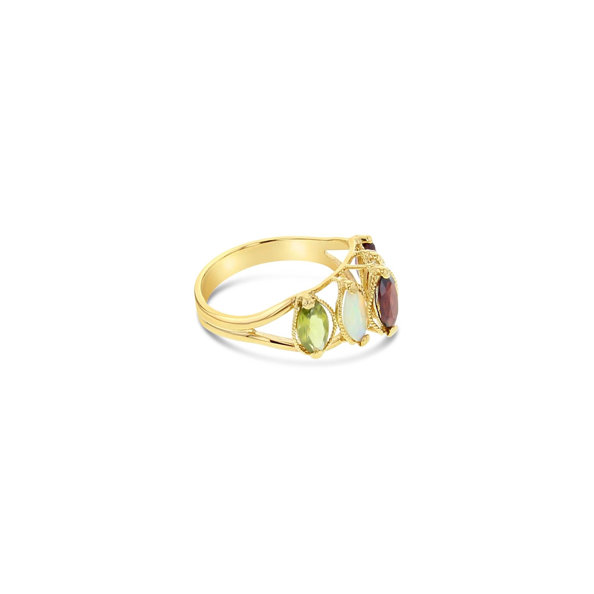 Garnet, Opal, Peridot, Cubic Zirconia Ring with Rope Design