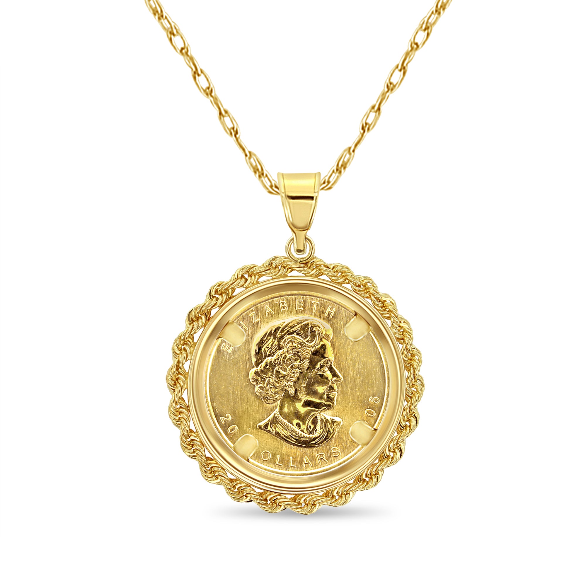 1/2OZ Canadian Maple Leaf Coin Necklace with Rope Bezel 14k Yellow Gold