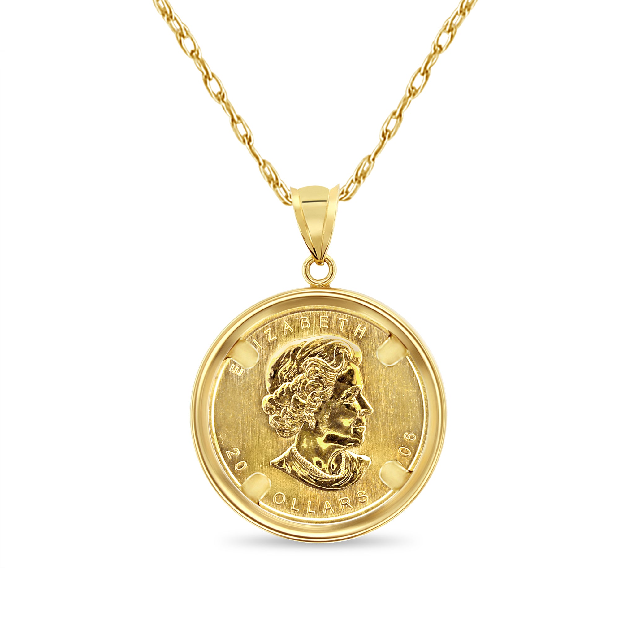 Collar con moneda de hoja de arce canadiense de 1/2 oz con bisel pulido en oro amarillo de 14 k