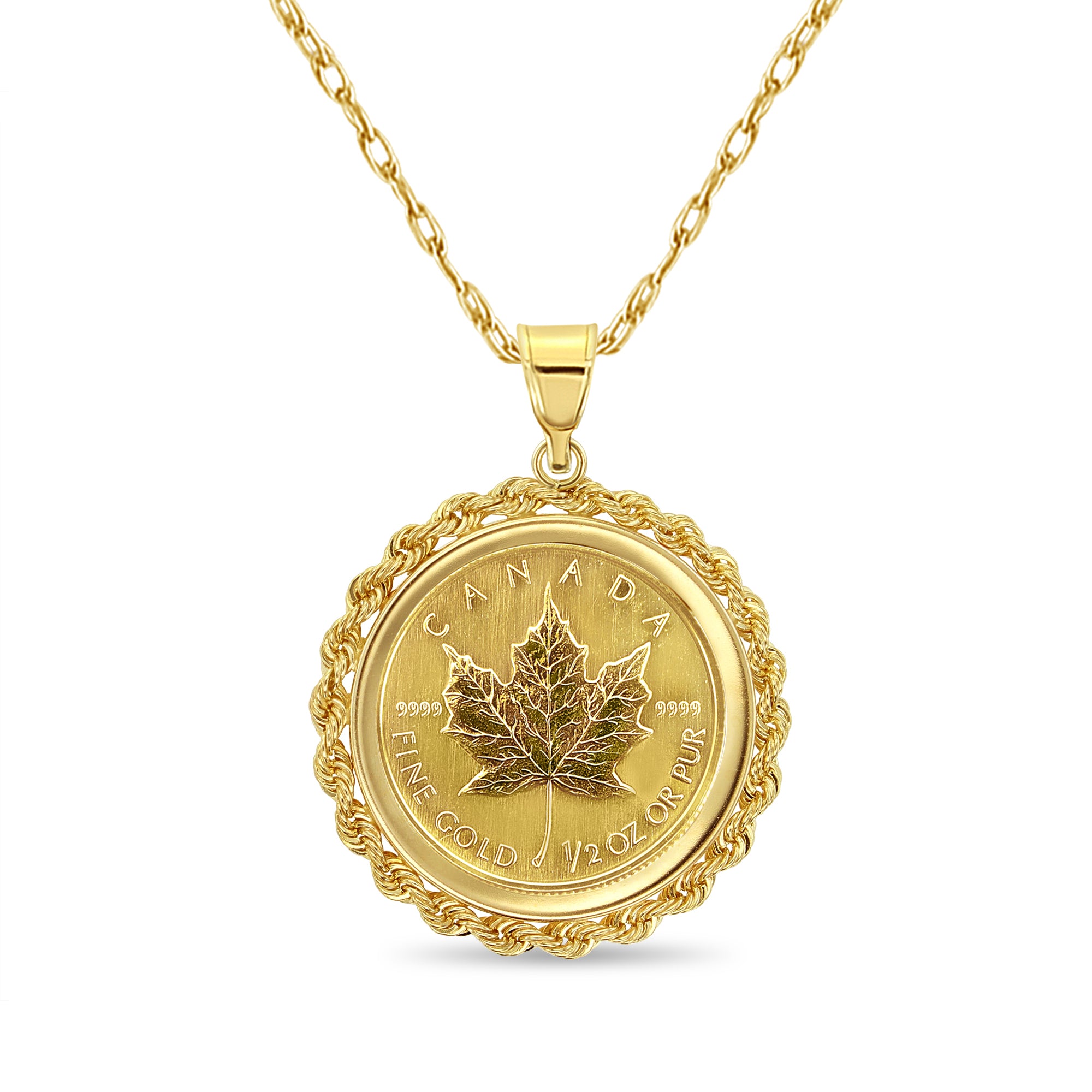 1/2OZ Canadian Maple Leaf Coin Necklace with Rope Bezel 14k Yellow Gold